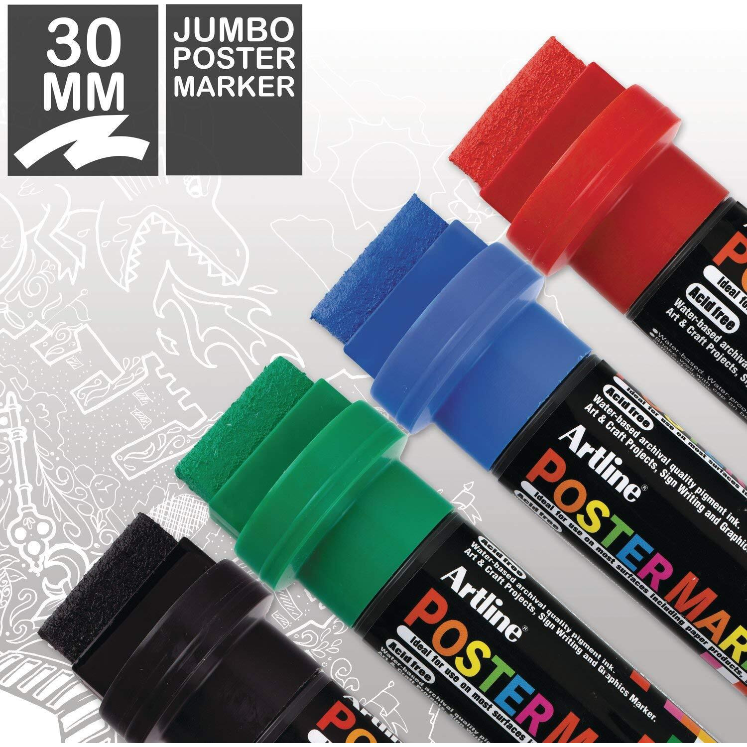 Artline Poster Markers  30 Mm Writing Width  Classic Colors  4 Pack (Epp-30-4W2)