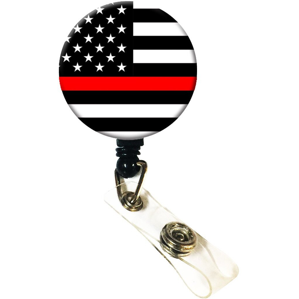 Wigspedia Retractable Name Id Badge Holder Reel/Id Badge Holder - Firefighters Thin Red Line (Thin Red Line (Slide/Belt Clip))
