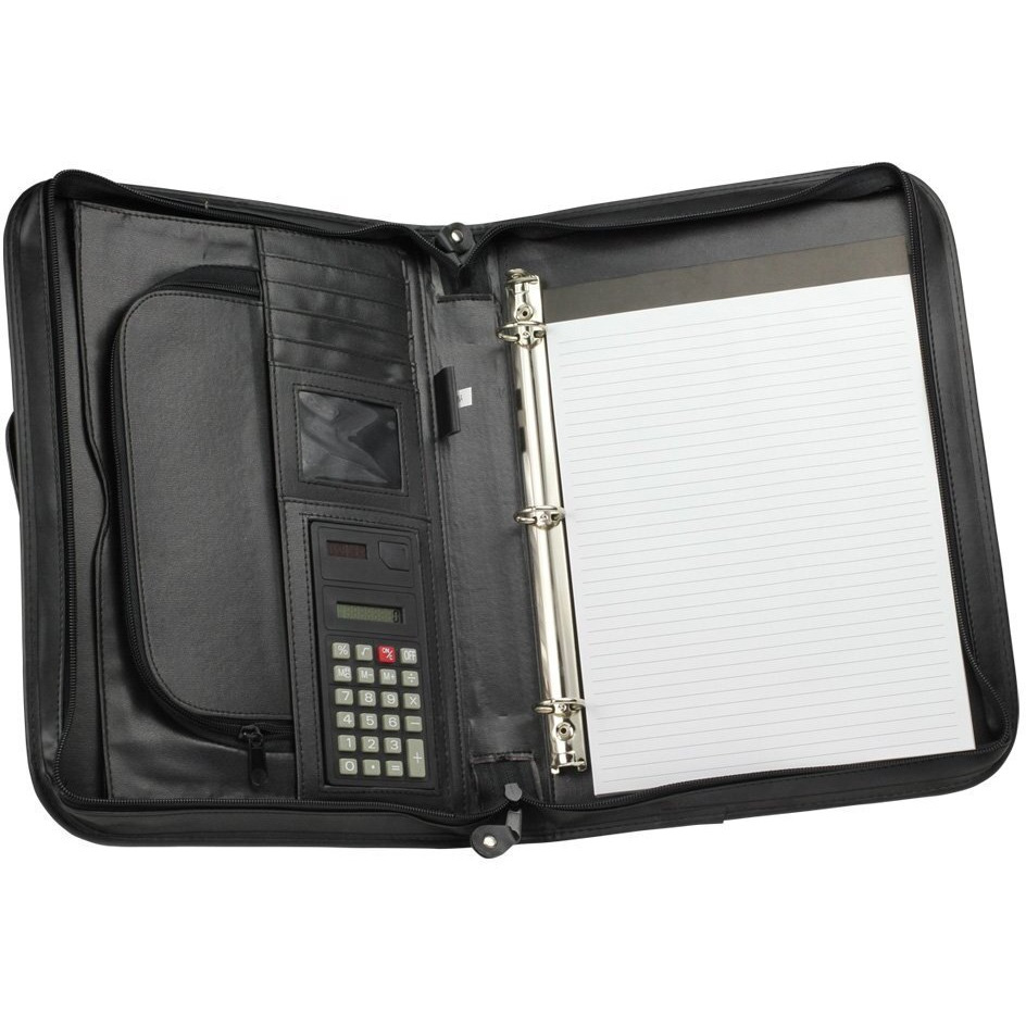 Impecgear Zippered Executive Ring Binder Portfolio Padfolio  W/Smart Handle  Build-In Calculator (Black)