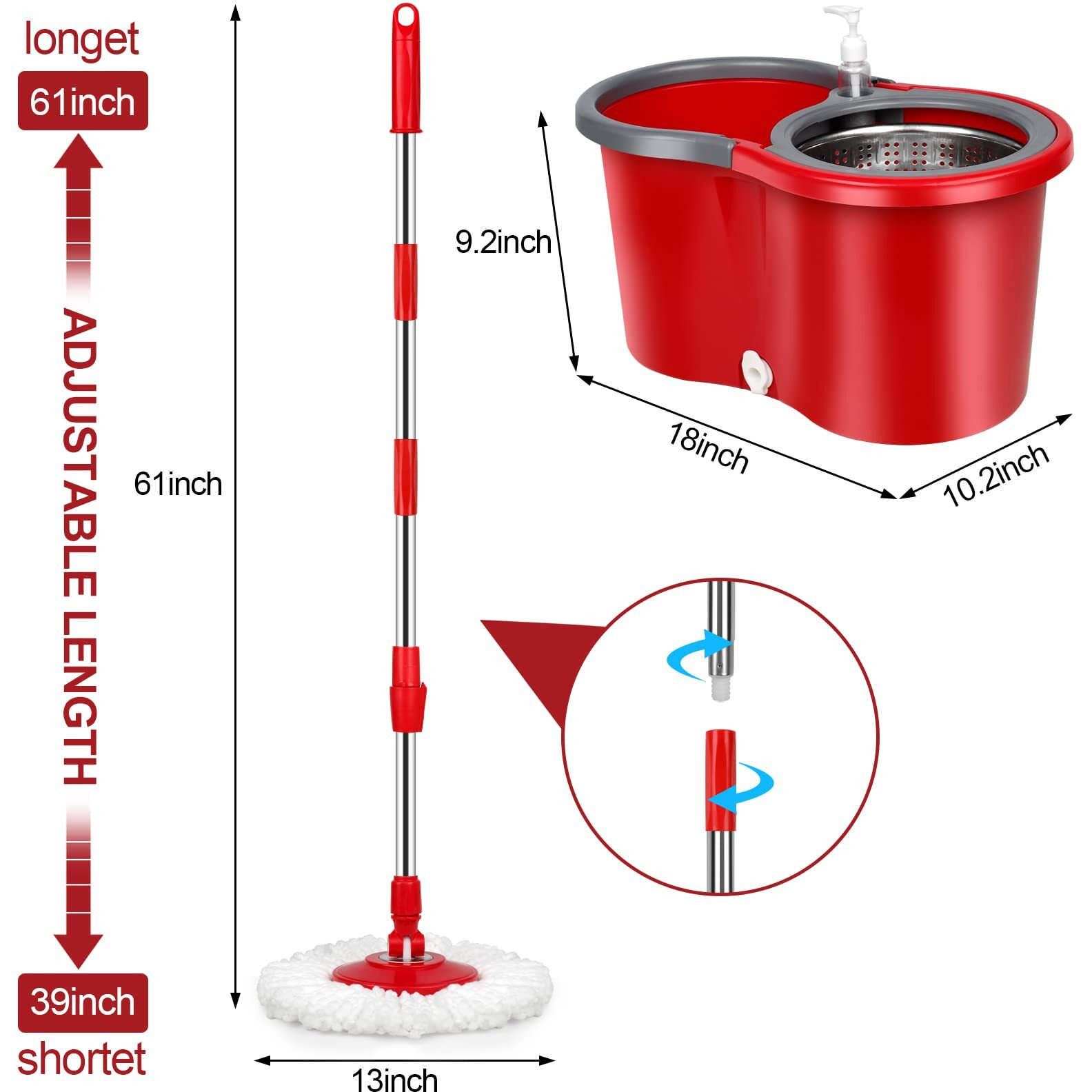 Spin Mop And Bucket Set  360 Spin Mop And Bucket With Wringer Set And 3 Microfiber Mop Refills  Stainless Steel 61"" Extended Handle Spinning Mop Bucket System For Floor Cleaning