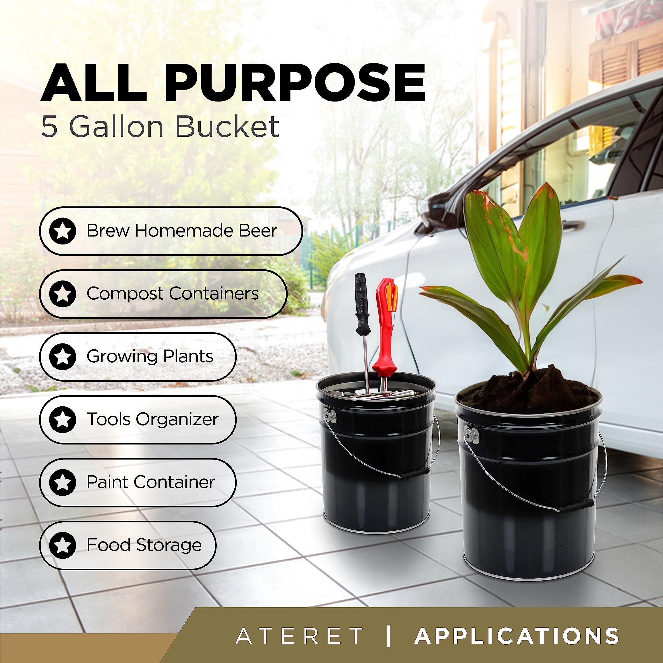 Ateret 5 Gallon Black Metal Bucket & Lid  Heavy Duty Durable Pails And Lids For Outdoor And Household Use (1 Pack)