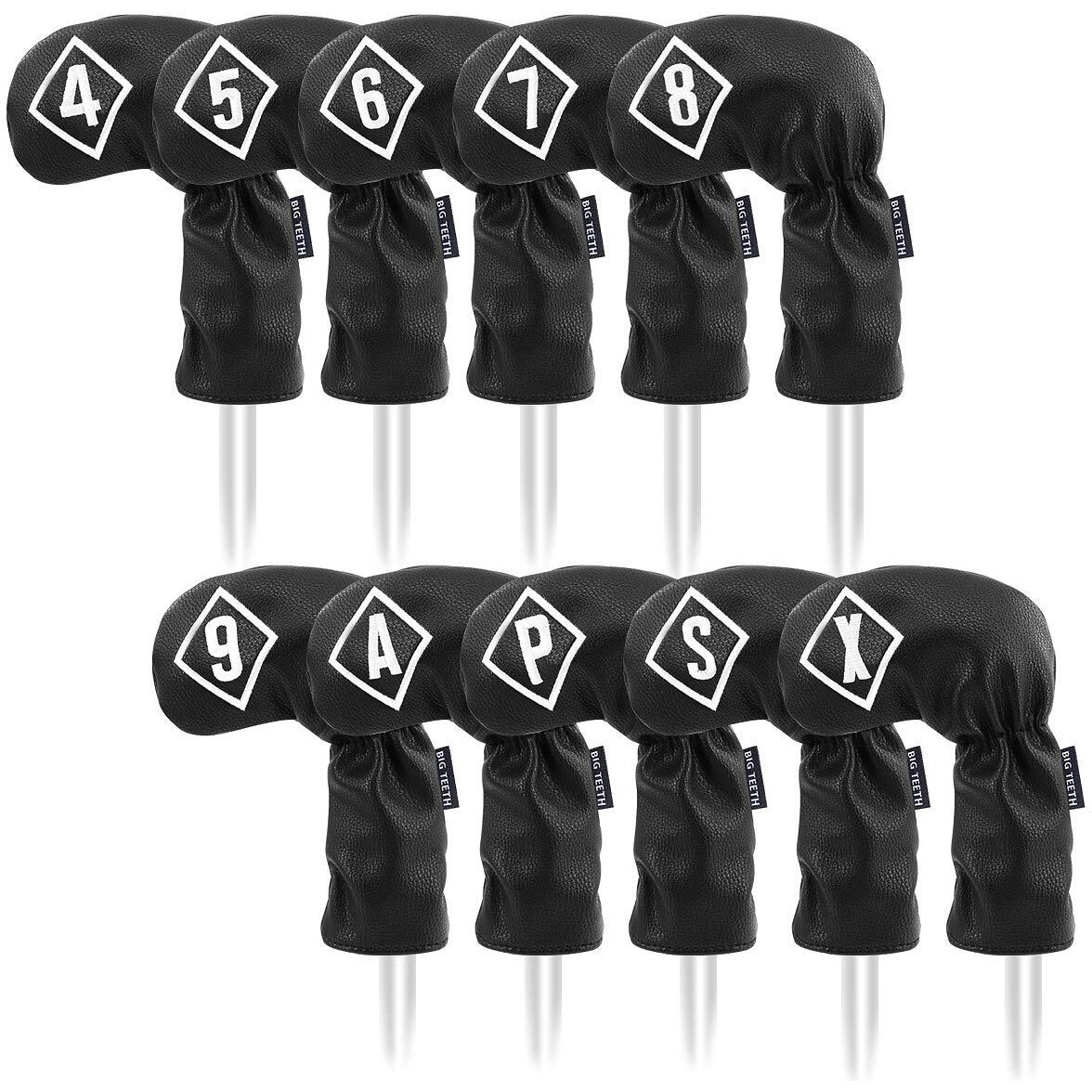 Big Teeth Golf Iron Head Covers 10Pcs Set Long Neck Golf Club Protector Leather With Number Tag Fit For Taylormade All Brands
