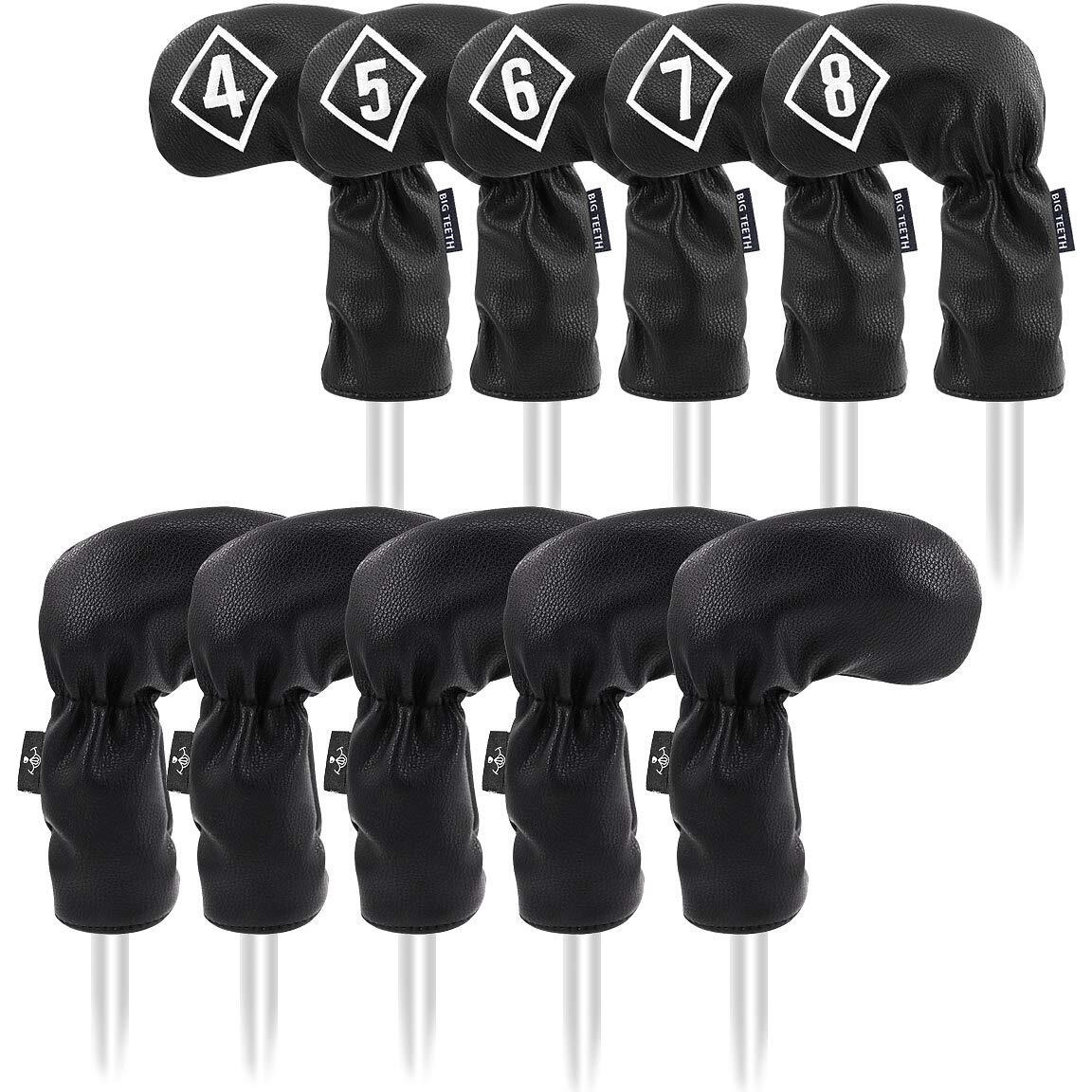 Big Teeth Golf Iron Head Covers 10Pcs Set Long Neck Golf Club Protector Leather With Number Tag Fit For Taylormade All Brands