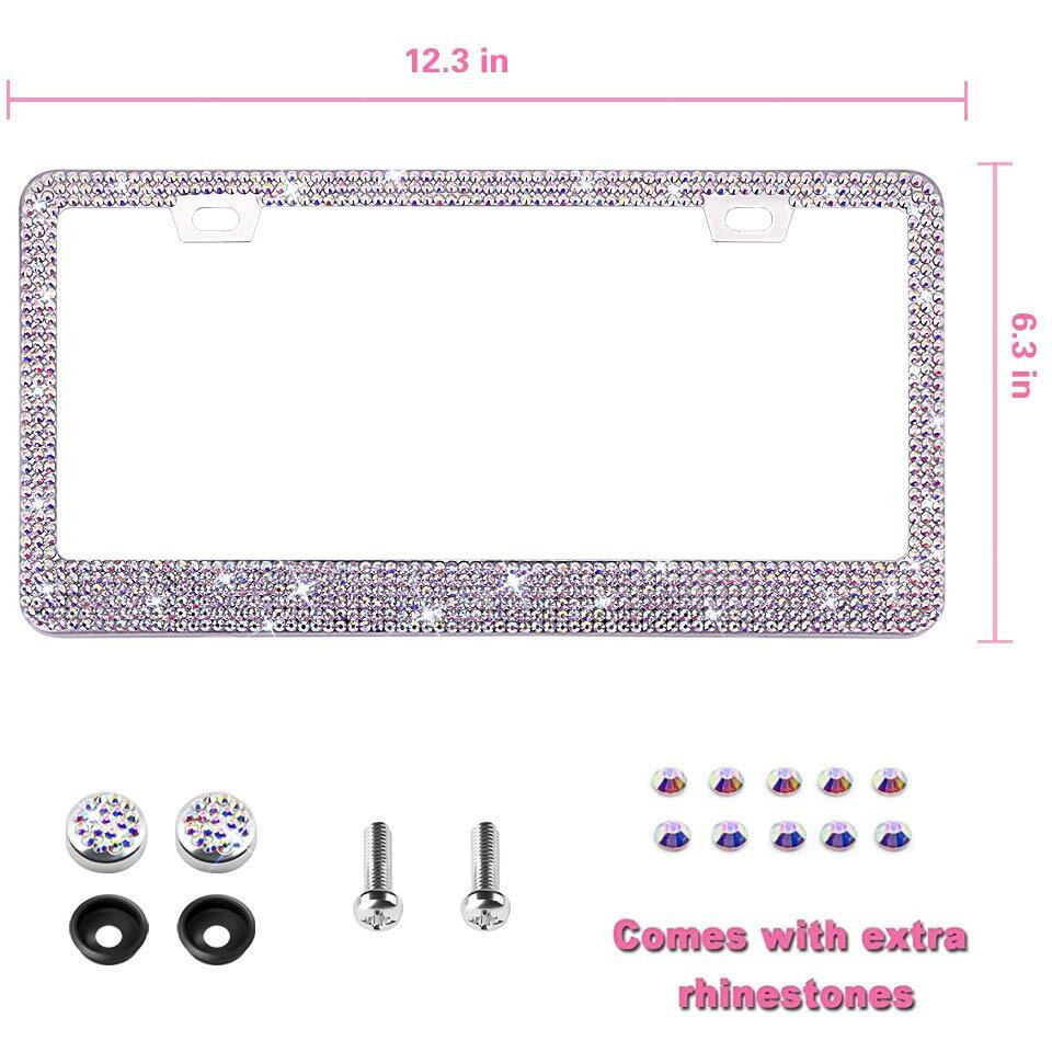 Oklpf Bling License Plate Frame For Women  1Pcs Sparkly Stainless Steel License Plate Frames| Over 1000 Pcs 14 Facets Bedazzled Clear Glass Diamond Rhinestone Crystals W/Free Glitter White Diamond Box