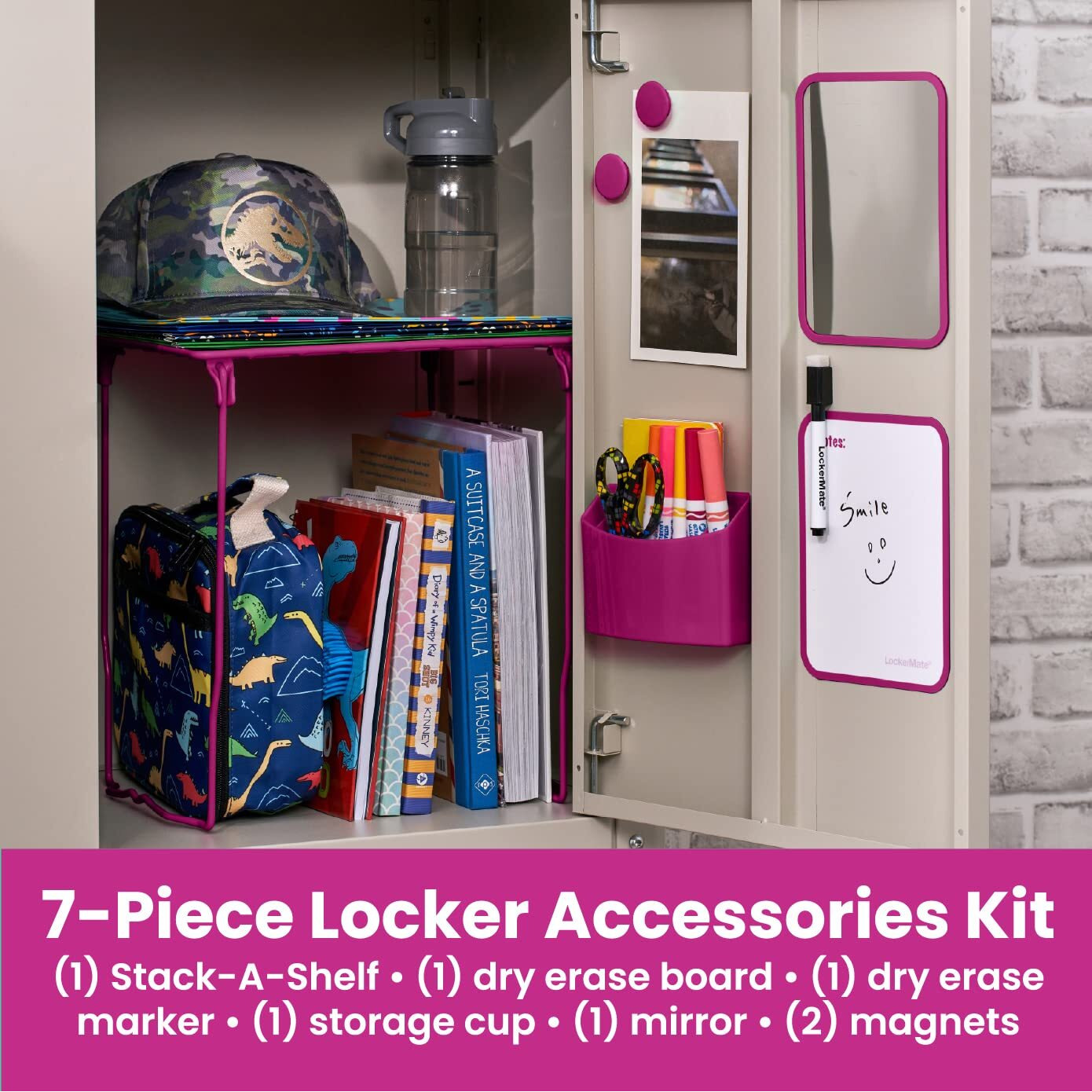Lockermate 7-Piece Locker Organizer Kit  Includes Locker Shelf  Mirror  Whiteboard  Storage Cup & Dry Erase Marker  Pink