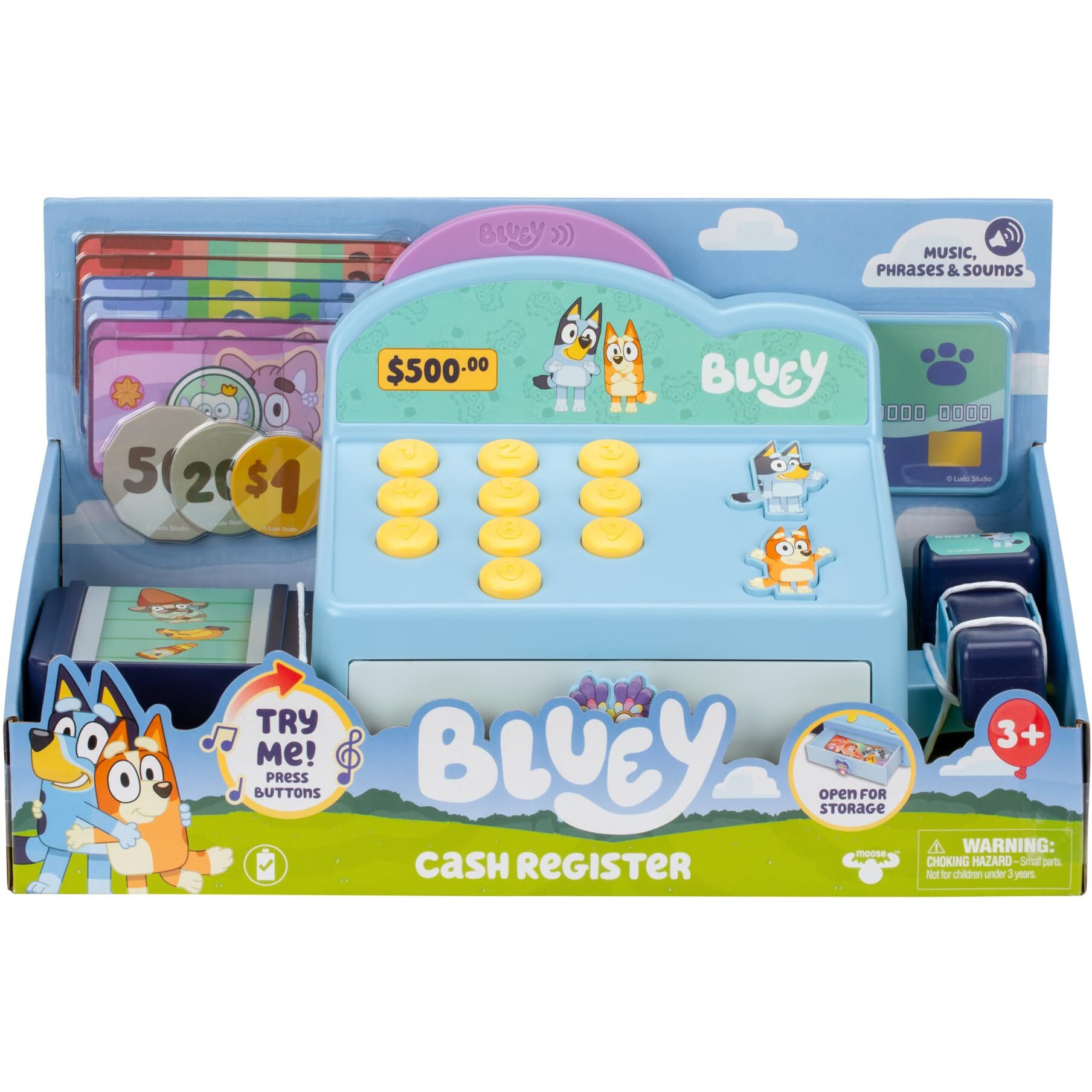 Bluey Cash Register. Press The Buttons To Hear Beeps  Sounds And Phrases From And Bingo |Use The Scanner To Scan Packages And Pretend To Run A Shop | Includes Toy Credit Card And Dollar Bucks