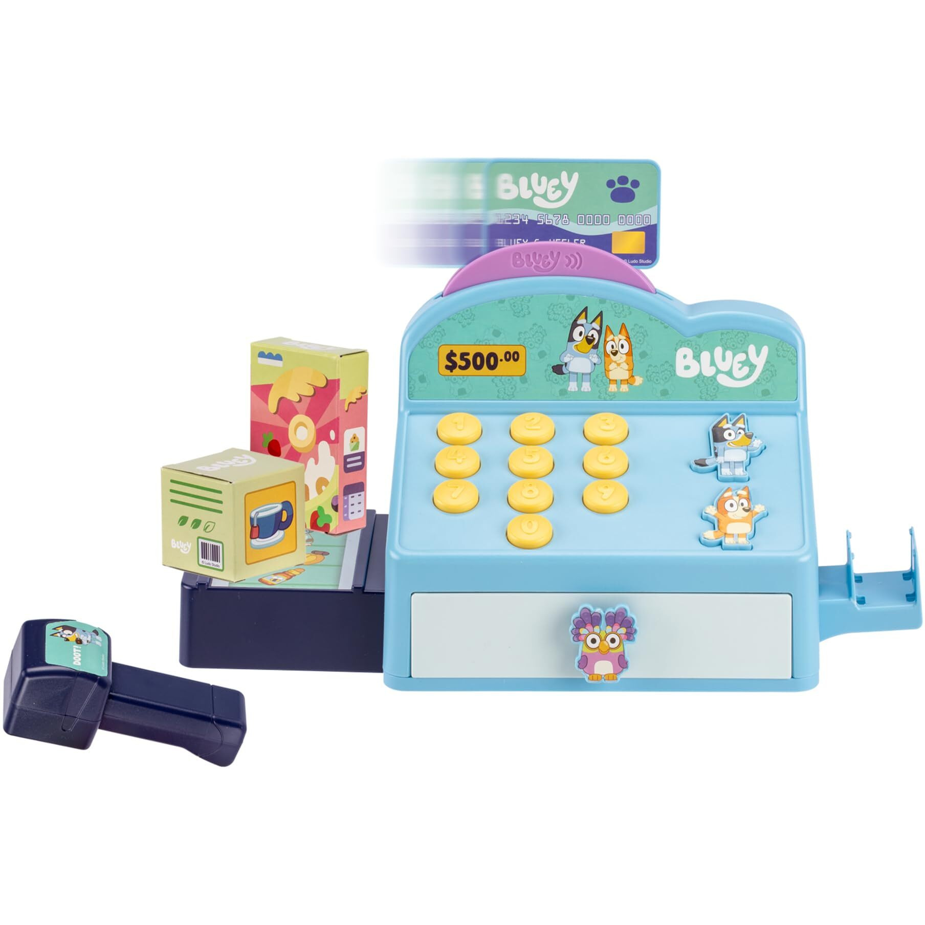 Bluey Cash Register. Press The Buttons To Hear Beeps  Sounds And Phrases From And Bingo |Use The Scanner To Scan Packages And Pretend To Run A Shop | Includes Toy Credit Card And Dollar Bucks