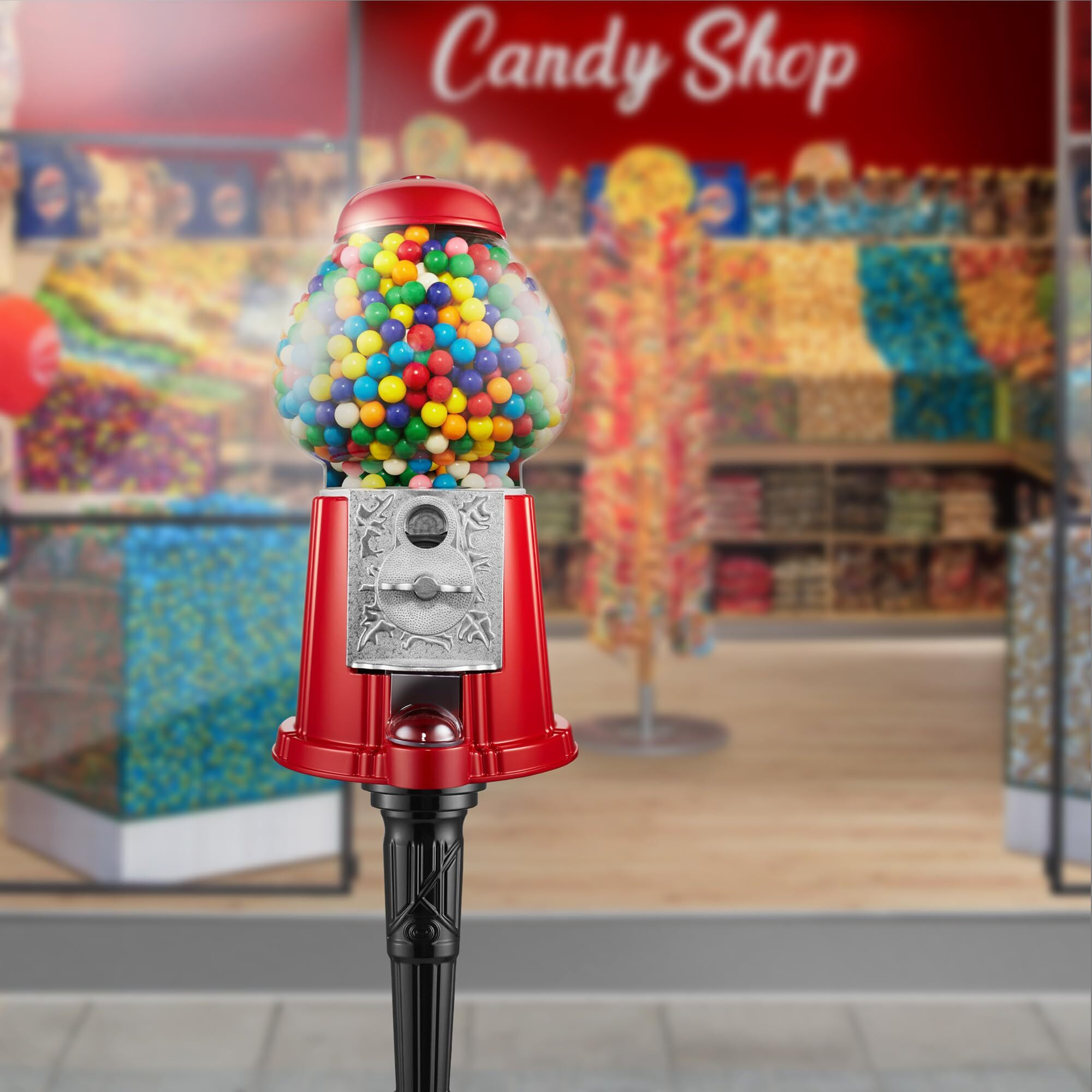 Olde Midway 15"" Gumball Machine With Stand - Red  Vintage-Style Bubble Gum Candy Dispenser With Glass Globe And Metal Base