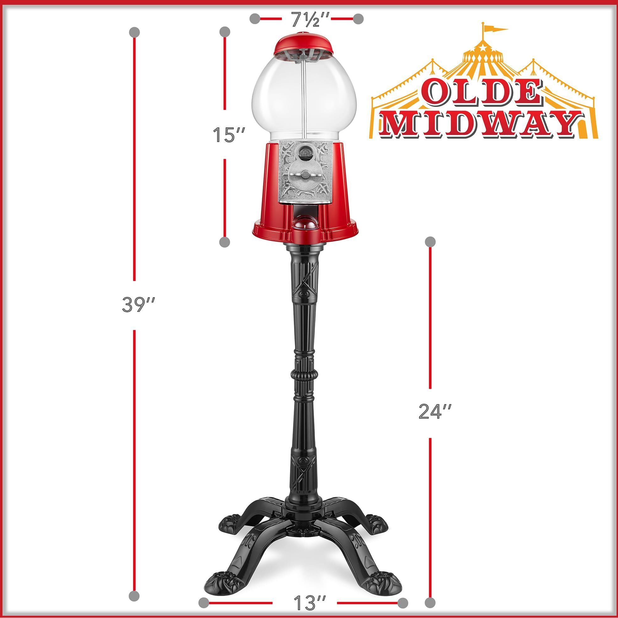 Olde Midway 15"" Gumball Machine With Stand - Red  Vintage-Style Bubble Gum Candy Dispenser With Glass Globe And Metal Base