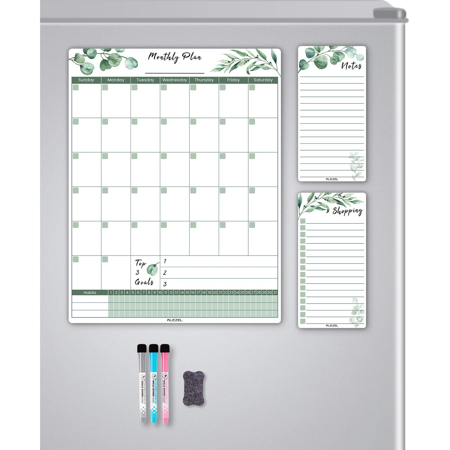 Alezel Magnetic Dry Erase Calendar For Fridge  Greenery Monthly Fridge Calendar Whiteboard Set - Vertical Monthly Calendar For Refrigerator  Grocery & To Do List White Board  3 Markers + Eraser