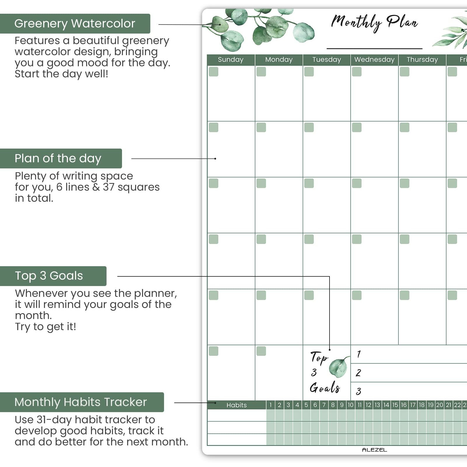Alezel Magnetic Dry Erase Calendar For Fridge  Greenery Monthly Fridge Calendar Whiteboard Set - Vertical Monthly Calendar For Refrigerator  Grocery & To Do List White Board  3 Markers + Eraser