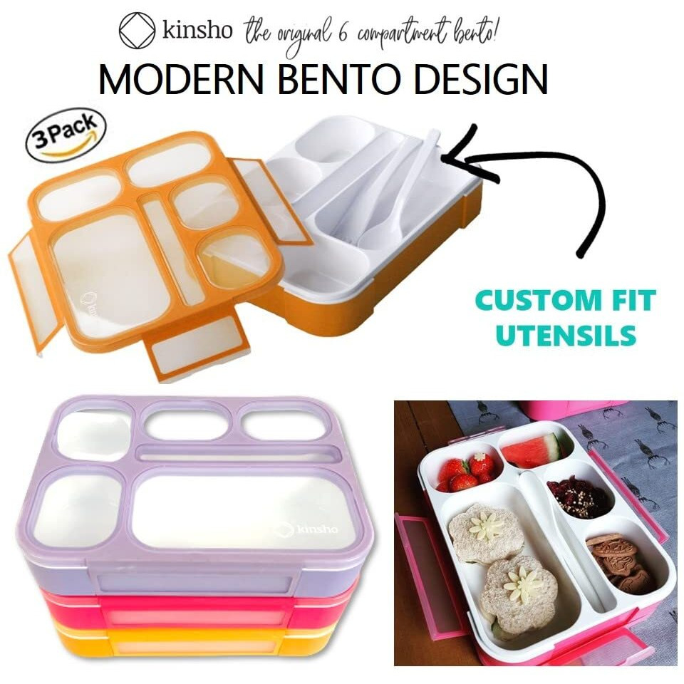6 Compartment Lunch Boxes. Bento Box Lunchbox Snack Containers For Kids  Boys Girls Adults. School Daycare Meal Planning Portion Control Container. Leakproof Bpa-Free. Set Of 3  Pink Purple Orange