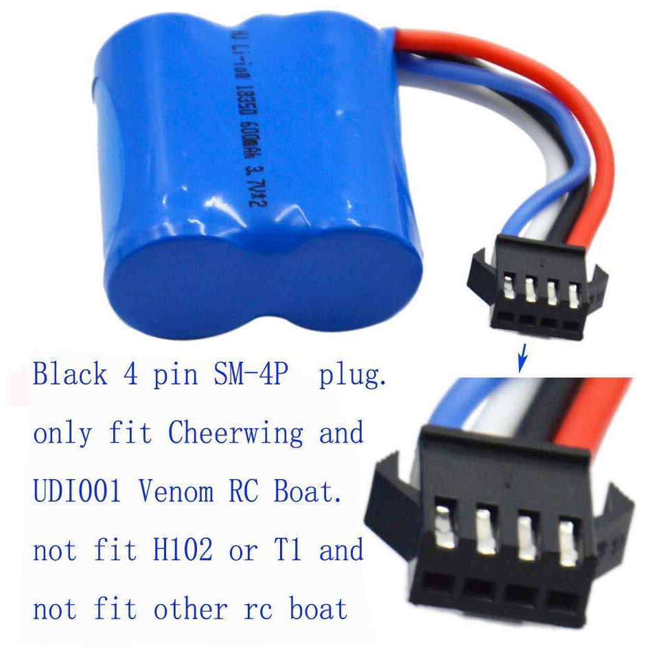Blomiky 2 Pack 7.4V (2 X 3.7V) 600Mah Li-Ion Battery With Sm-4P Plug For Old Version Udi008 Ud08 Udi001 Venom Speed Rc Boat Udi001 Battery 2