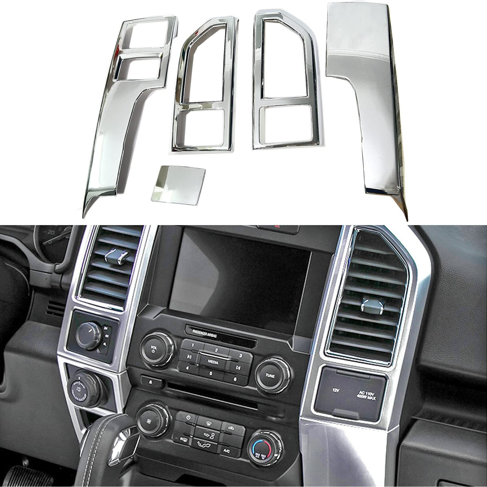 Keptrim For F150 Chrome Central Console Air Conditioner Panel Trim For 2015 2016 2017 2018 2019 2020 Ford F150  5Pcs