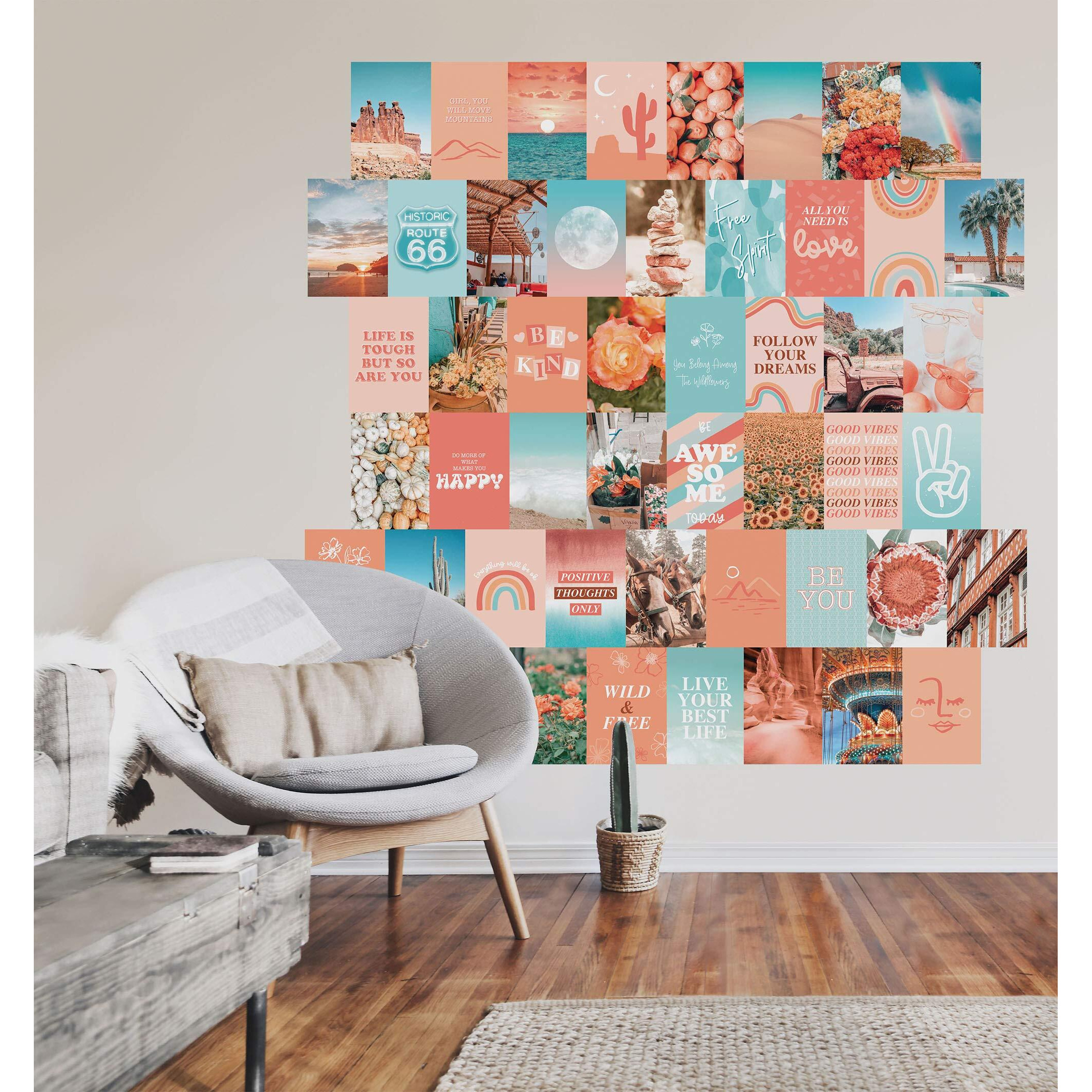 Peach Aesthetic Wall Collage Kit  Room Decor For Teen Girls  Peachy Teal Wall Art Print  Dorm Photo Collection  Boho Posters For Room Aesthetic (Peach)