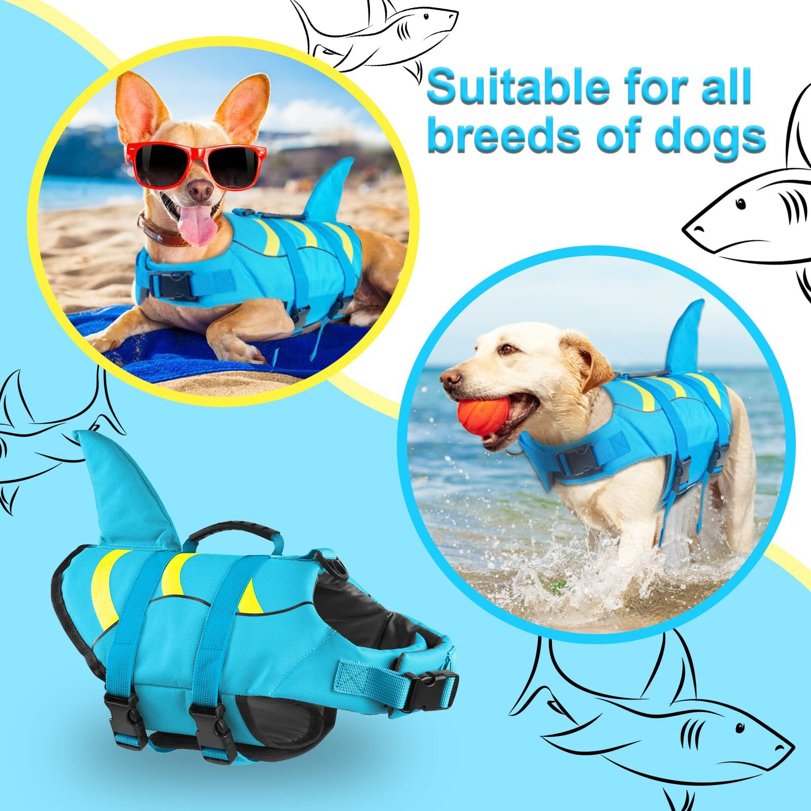 Fragralley Dog Life Jacket Shark  Dog Life Vest Adjustable Ripstop  Dog Swimming Safety Vest With Superior Buoyancy & Rescue Handle For Small Medium Large Dogs  Swim  Pool  Beach  Boating