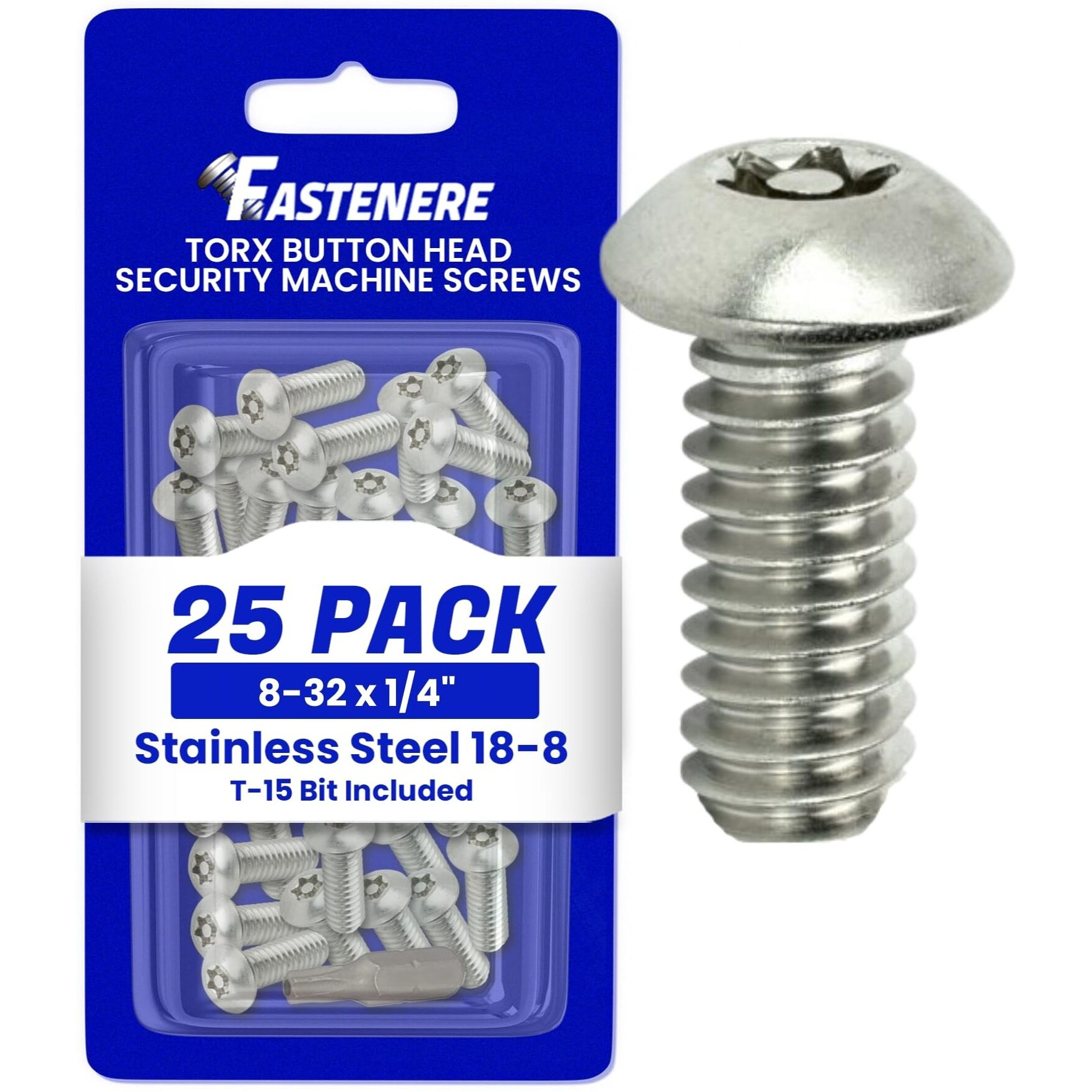 Fastenere Torx Security Machine Screws - 8-32 X 1/4"" (25-Pack) Stainless Steel  Tamper-Resistant  Button Head Screws  Bolt Screw For Higher Level Of Safety & Theft Prevention