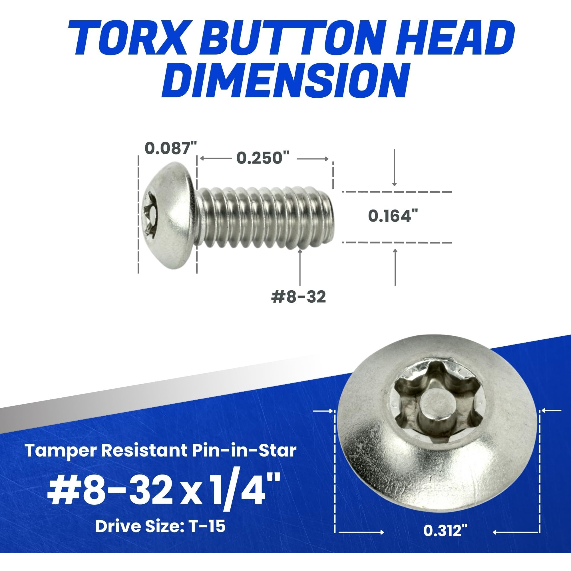 Fastenere Torx Security Machine Screws - 8-32 X 1/4"" (25-Pack) Stainless Steel  Tamper-Resistant  Button Head Screws  Bolt Screw For Higher Level Of Safety & Theft Prevention