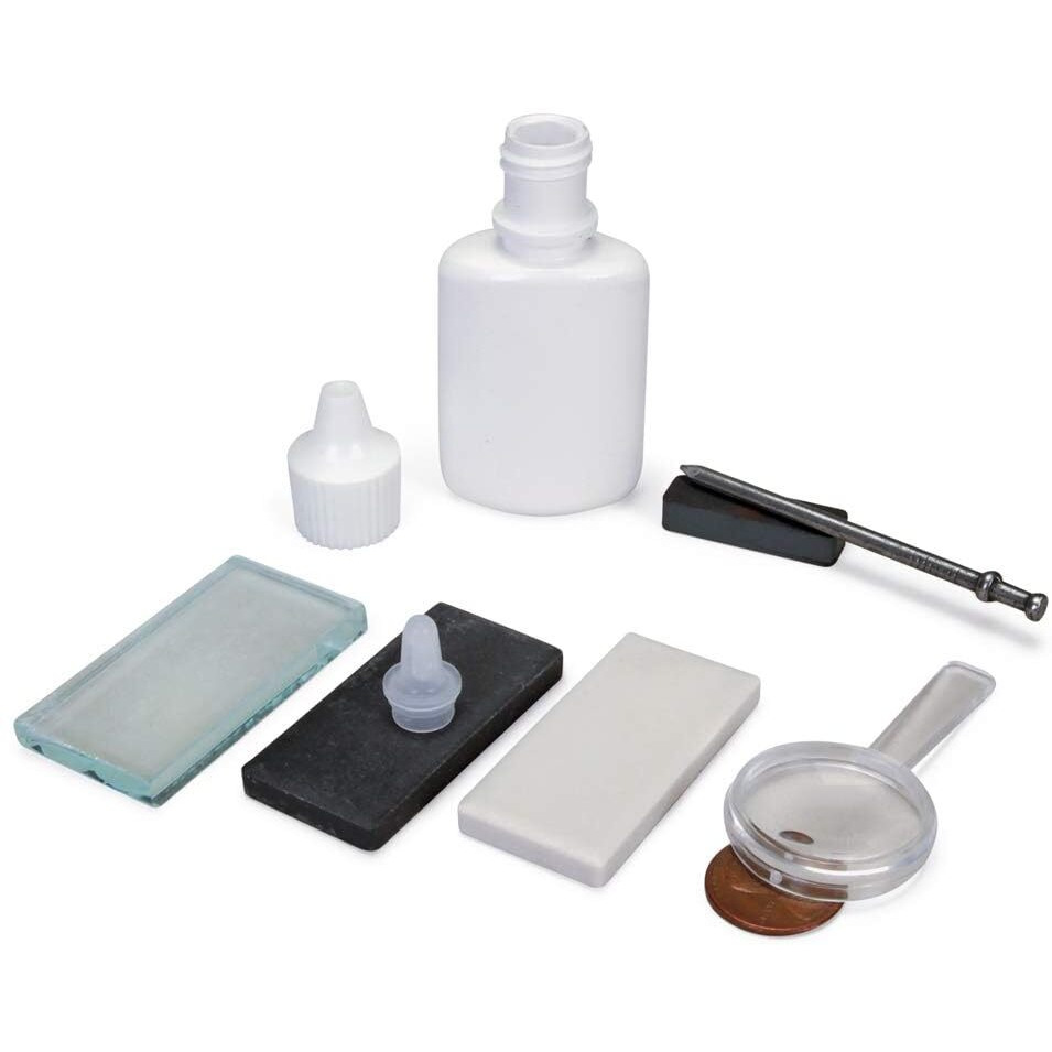 United Scientific Mineral Id Kit - 7 Pieces - Includes Streak Plates  Glass Plate  Dropper Bottle  Magnet  Nail  & Hand Lens - Great For Geology Classrooms & Basic Field Testing
