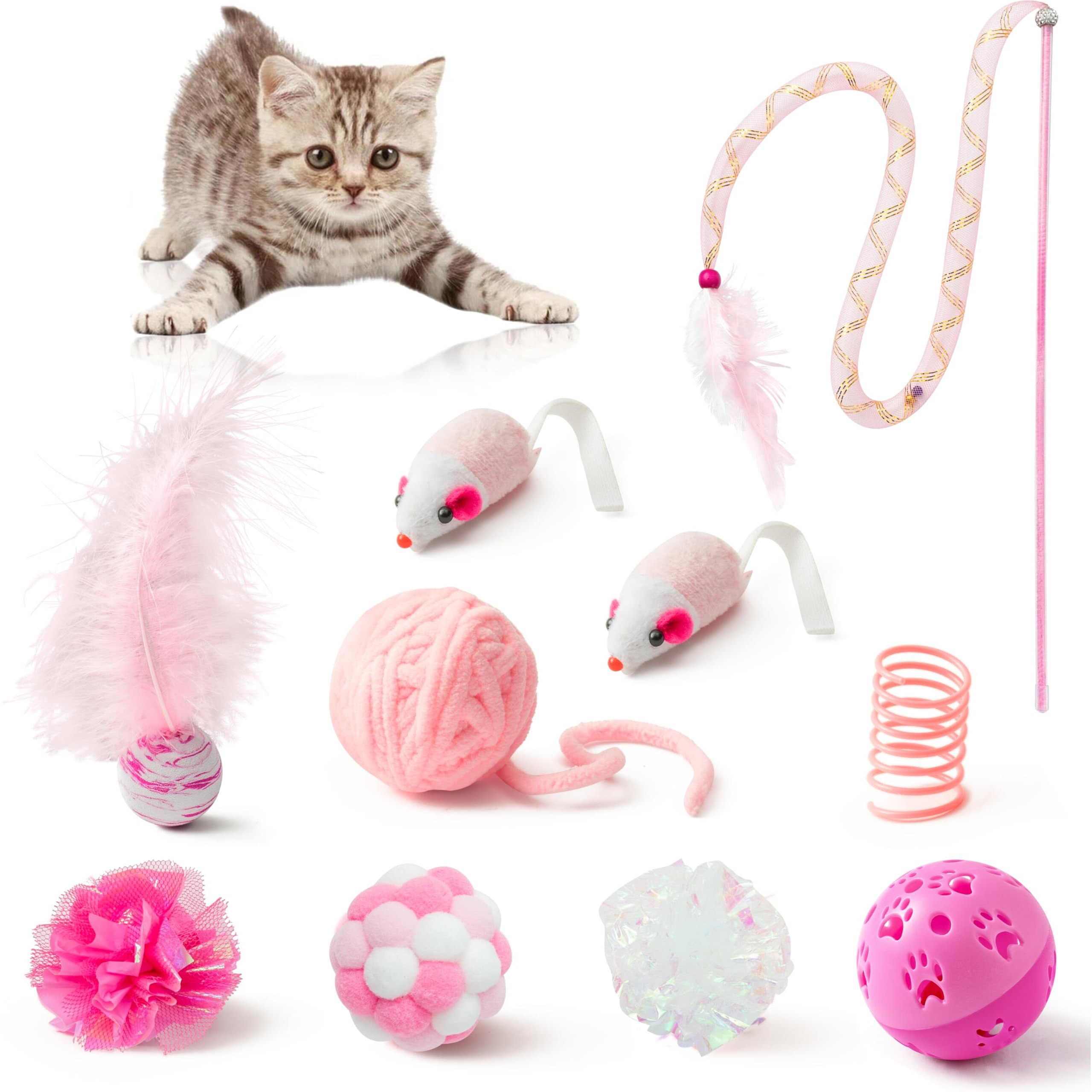 Mallmall6 10Pcs Cat Toy Set Interactive Cat Toys Pack Including Feather Teaser Wand Cat Springs Mice Crinkle Balls And Pet Bell Balls  Puzzle Toys For Indoor Cats Gift (Pink)
