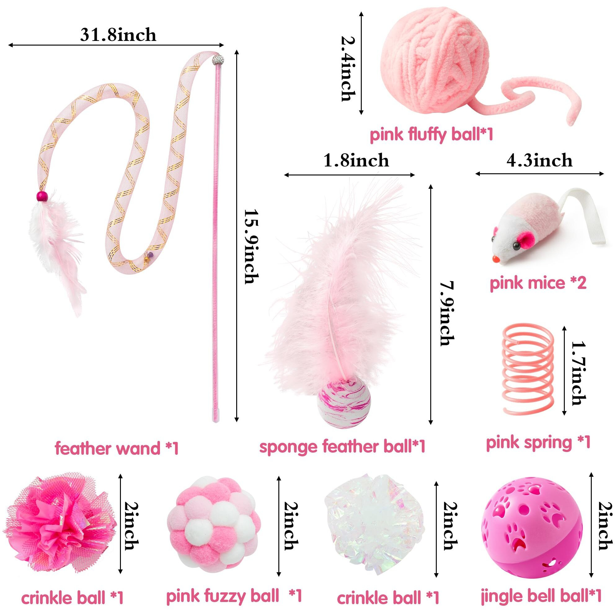 Mallmall6 10Pcs Cat Toy Set Interactive Cat Toys Pack Including Feather Teaser Wand Cat Springs Mice Crinkle Balls And Pet Bell Balls  Puzzle Toys For Indoor Cats Gift (Pink)