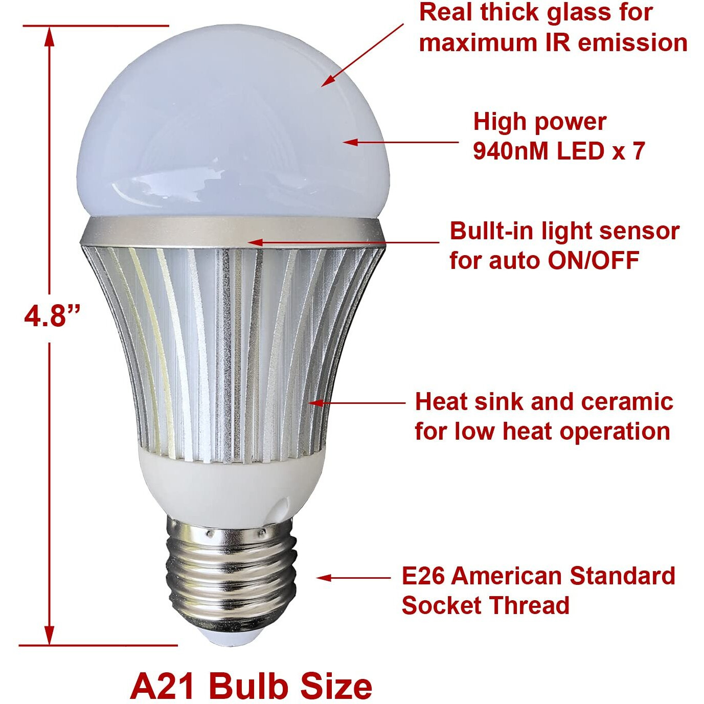 Scs Enterprises Total Invisible Super Wide 940Nm Ir Light Bulb Covert Lamp (7 High Power Led Illuminators + Light Sensor) 25Ft Range  160 Deg  120Vac