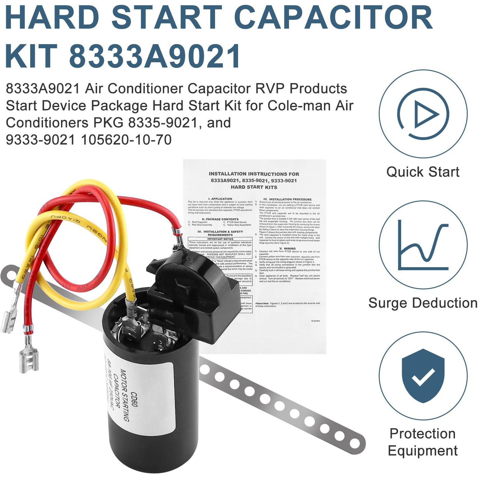 8333A9021 Air Conditioner Hard Start Kit Ac Hard Start Kit Start The Ac Smoothly Replacement 8333A9021 Pkg 8335-9021  And 9333-9021 105620-10-70 Capacitor Hard Start Kit