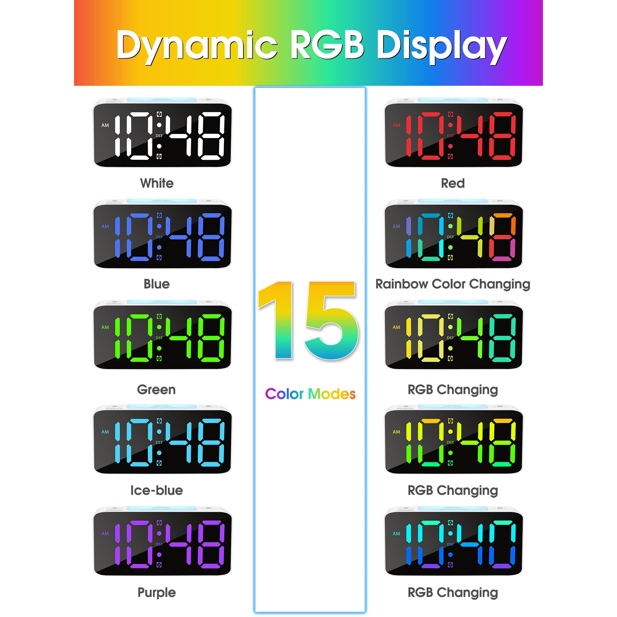 Cadmos Super Loud Alarm Clock For Heavy Sleepers Adults Digital Clock With 7 Color Nightlight Adjustable Volume Usb Charger Small Clocks For Bedrooms Ok To Wake Up For Kids Teens (White+Rgb)