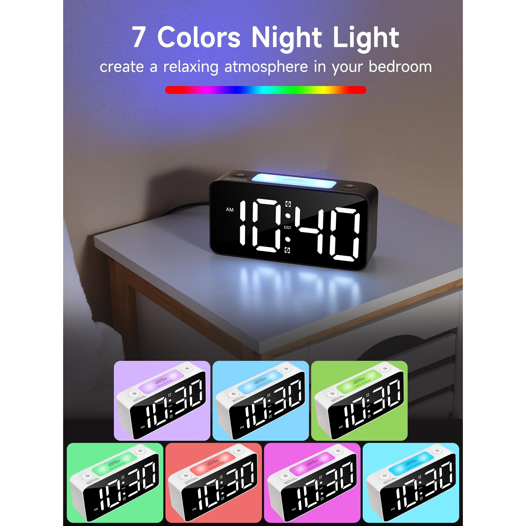 Cadmos Super Loud Alarm Clock For Heavy Sleepers Adults Digital Clock With 7 Color Nightlight Adjustable Volume Usb Charger Small Clocks For Bedrooms Ok To Wake Up For Kids Teens (White+Rgb)