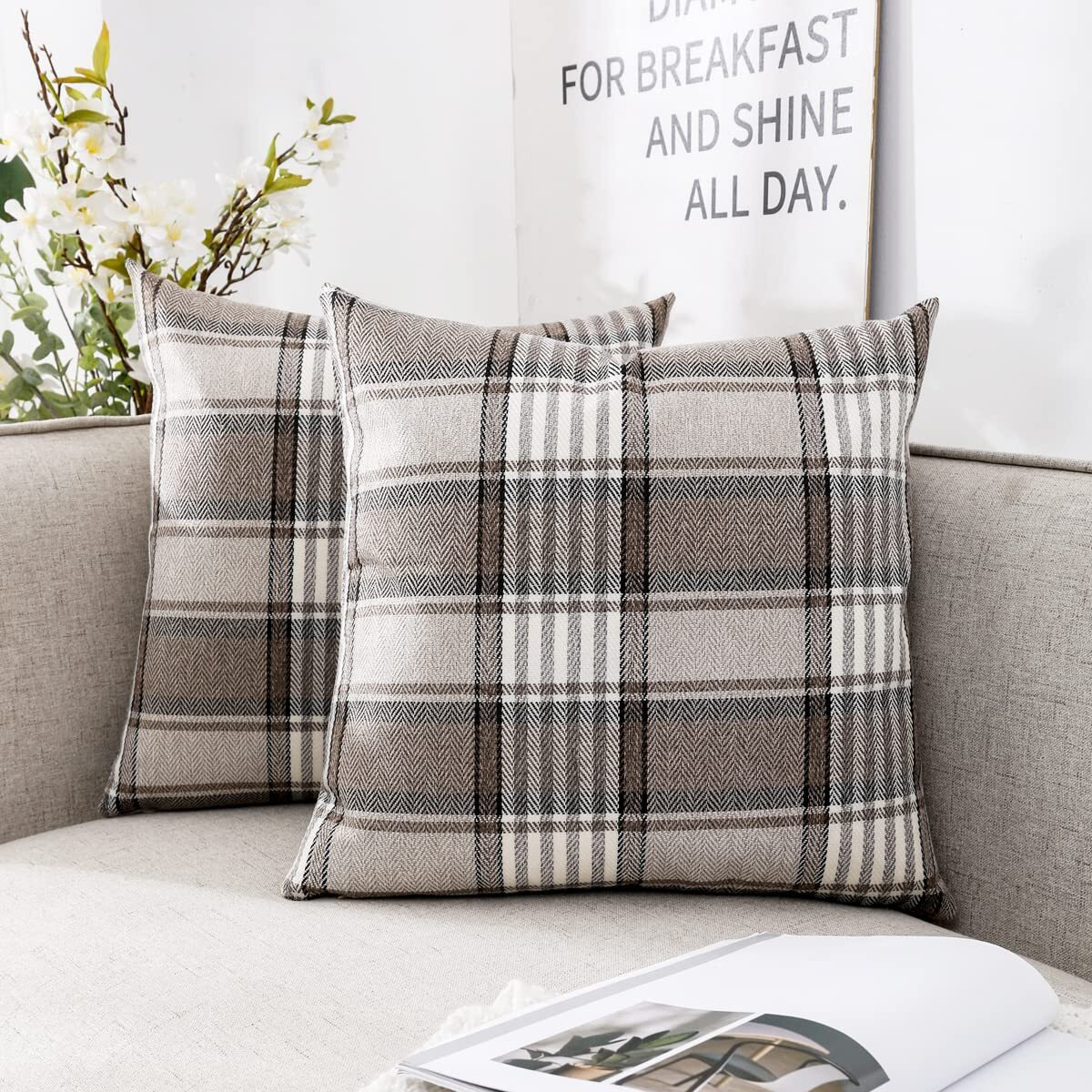 Carrie Home Brown Farmhouse Tartan Plaid Pillow Covers 20X20 Set Of 2 Winter Linen Pillow Covers For Living Room Couch Sofa