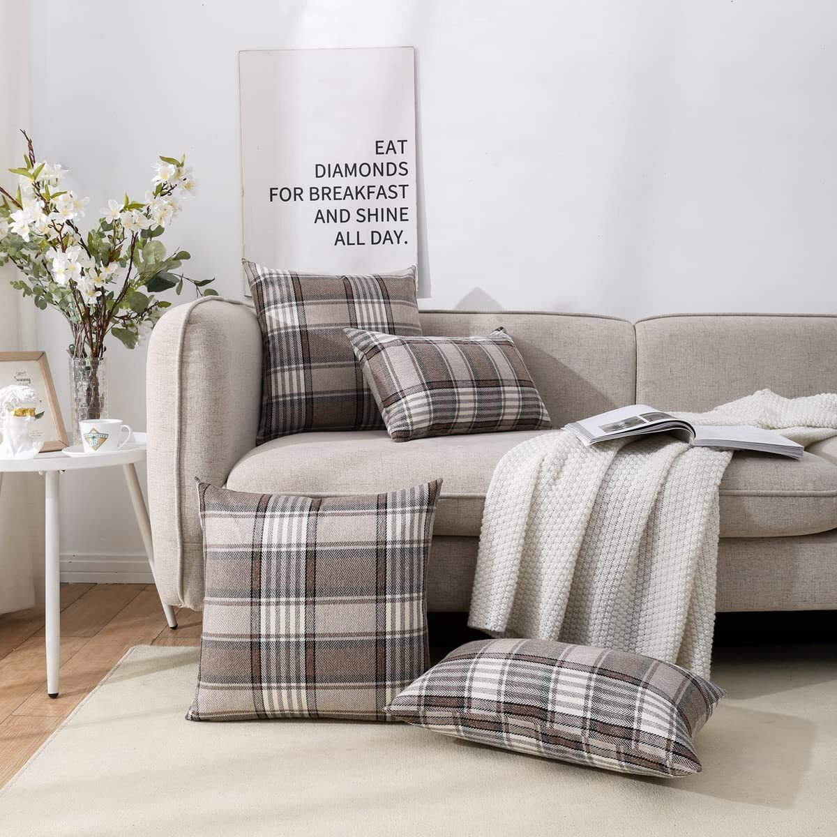 Carrie Home Brown Farmhouse Tartan Plaid Pillow Covers 20X20 Set Of 2 Winter Linen Pillow Covers For Living Room Couch Sofa