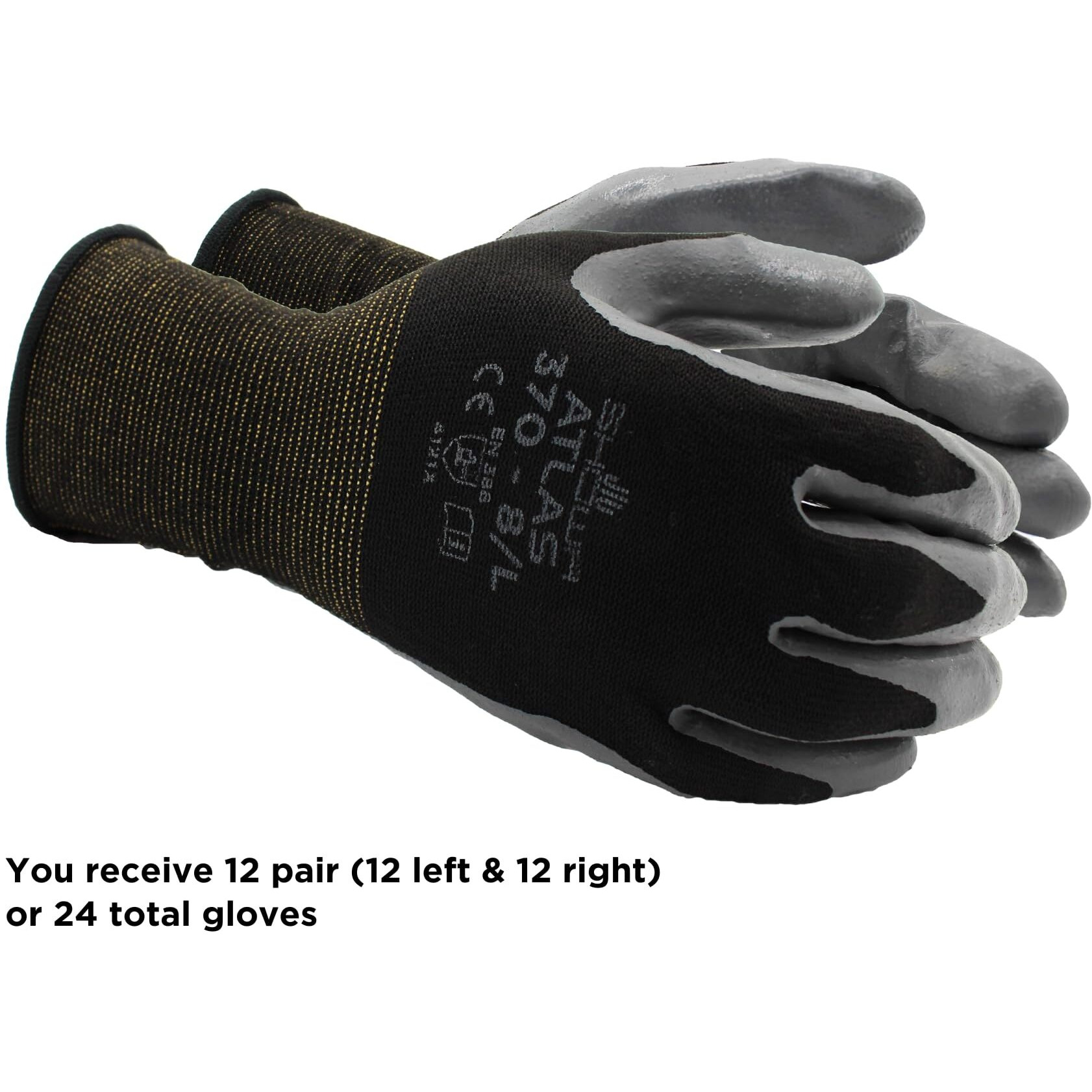 Showa Atlas 370B Nitrile Palm Coating Glove  Black  Large (Pack Of 12 Pairs)