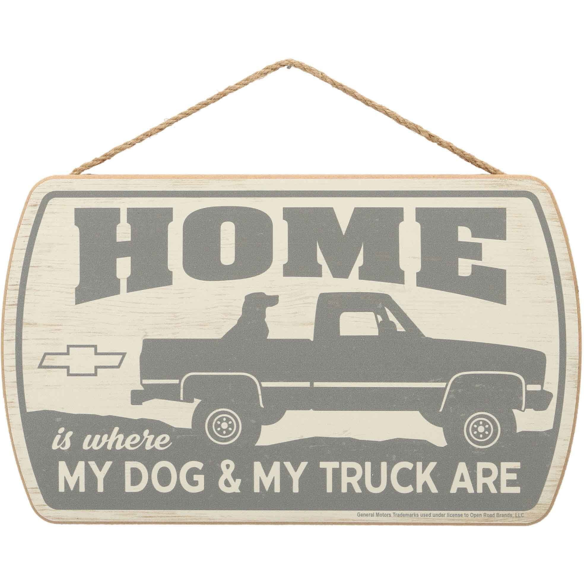 Open Road Brands Chevrolet Hanging Sign - Home Is Where My Dog And My Truck Are - Chevy Wood Wall Decor For Man Cave Or Garage