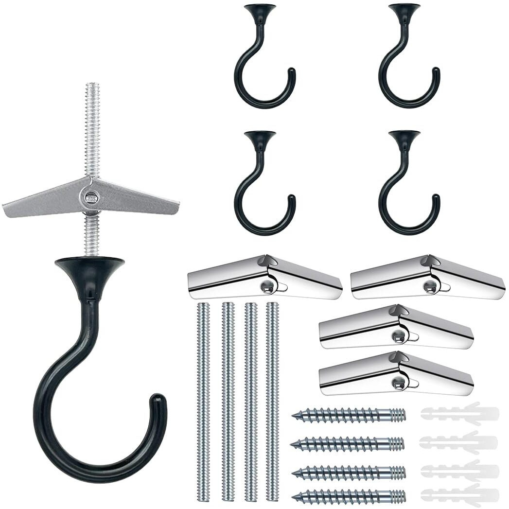 Evsteluo 4 Sets Large Swag Ceiling Hooks Heavy Duty Swag Hook With Hardware For Hanging Plants Ceiling Installation Cavity Wall Fixing (4 Sets  Black)