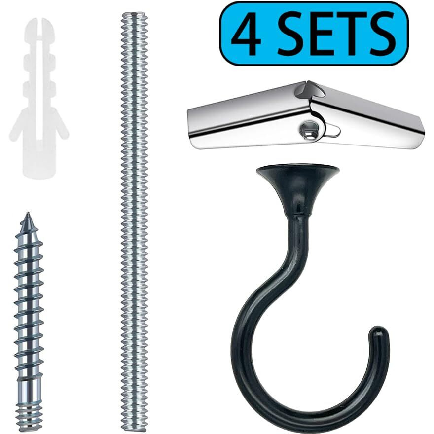 Evsteluo 4 Sets Large Swag Ceiling Hooks Heavy Duty Swag Hook With Hardware For Hanging Plants Ceiling Installation Cavity Wall Fixing (4 Sets  Black)