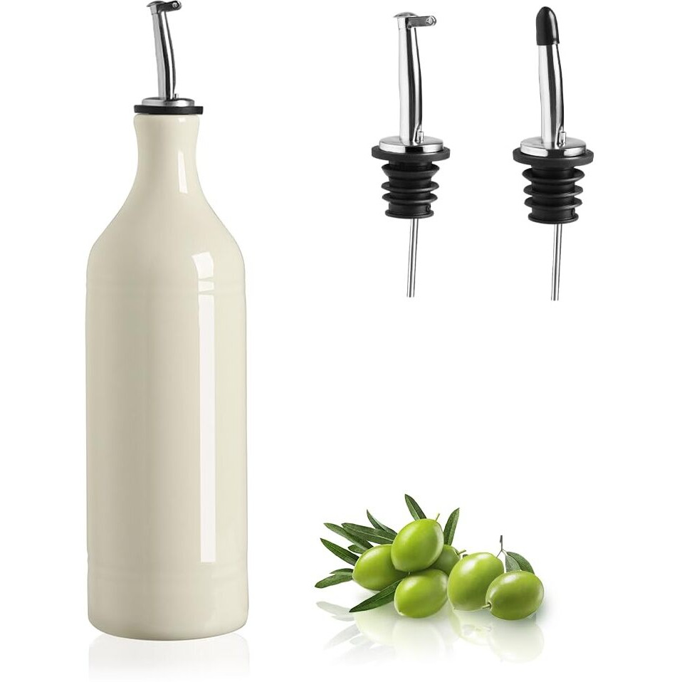 Sweejar Large Ceramic Olive Oil Dispenser Bottle  Opaque Oil Cruet Protects Oil To Reduce Oxidation  Storage Oil  Vinegar  Soy Sauce & Other Liquids  Pack Of 1  24 Fl Oz (Beige)