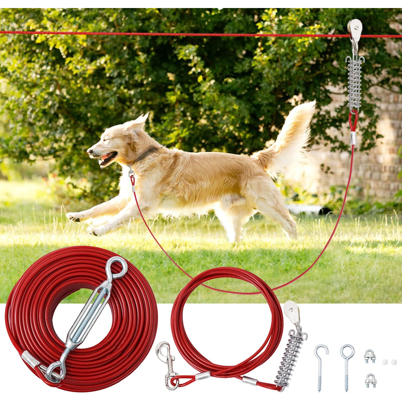 Luffwell Dog Runner - 120Ft Leash  15Ft Shock Absorption  Pulley Dog Tie Out For Small  Medium  Large Dogs Indoors & Outdoors