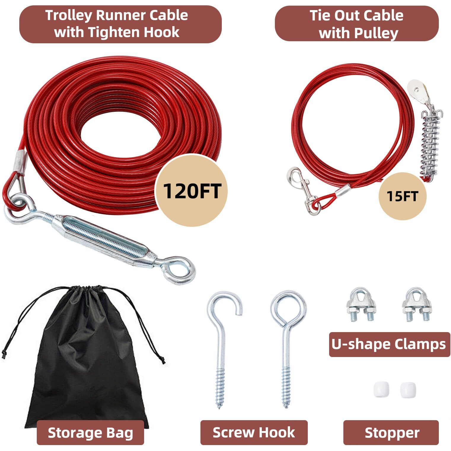 Luffwell Dog Runner - 120Ft Leash  15Ft Shock Absorption  Pulley Dog Tie Out For Small  Medium  Large Dogs Indoors & Outdoors