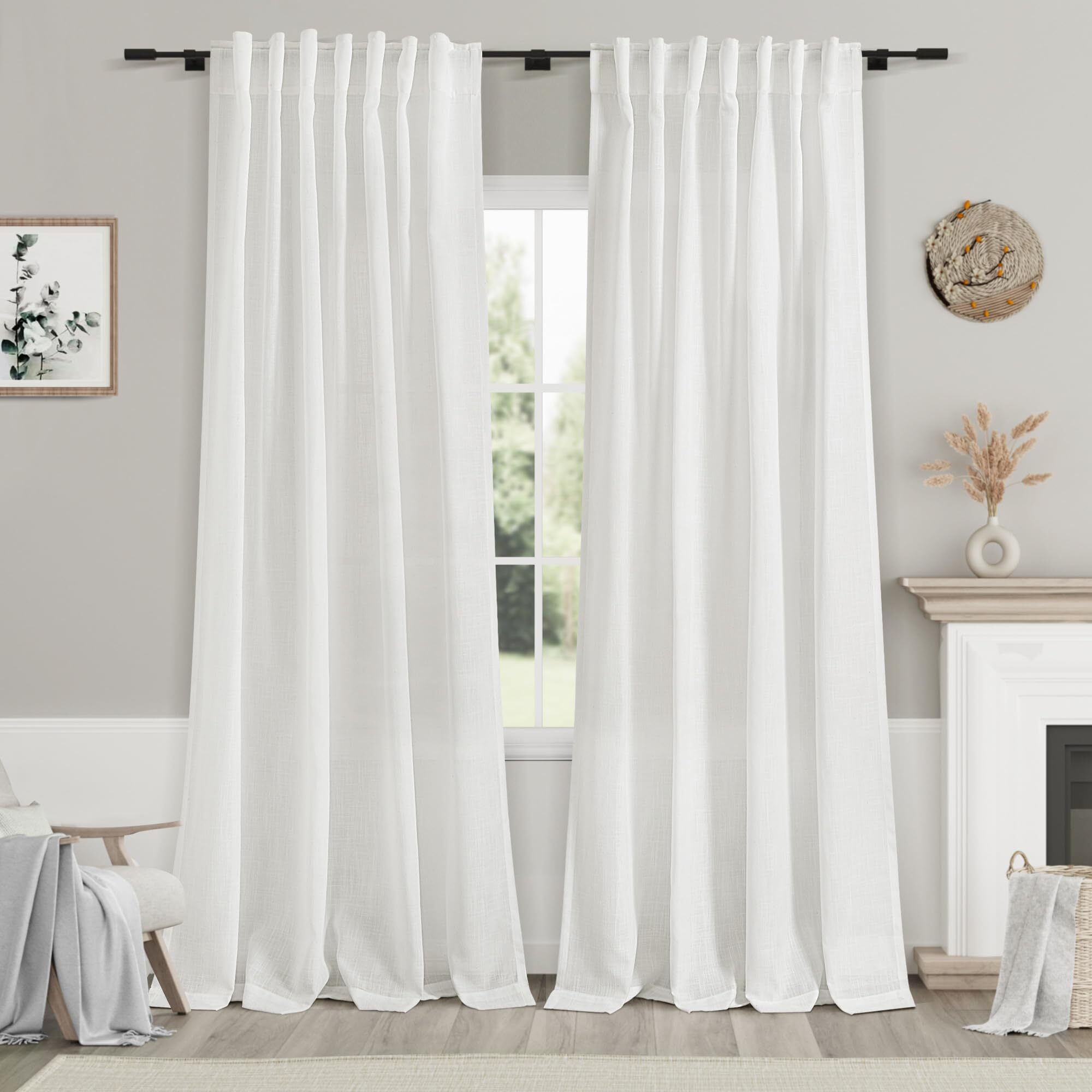 Off White Linen Curtains 84 Inches Long For Bedroom Back Tab Light Filtering Privacy Sheer Curtains Modern Farmhouse Coastal Decor White Cotton Textured Gauze Curtain For Living Room 2 Panel Set