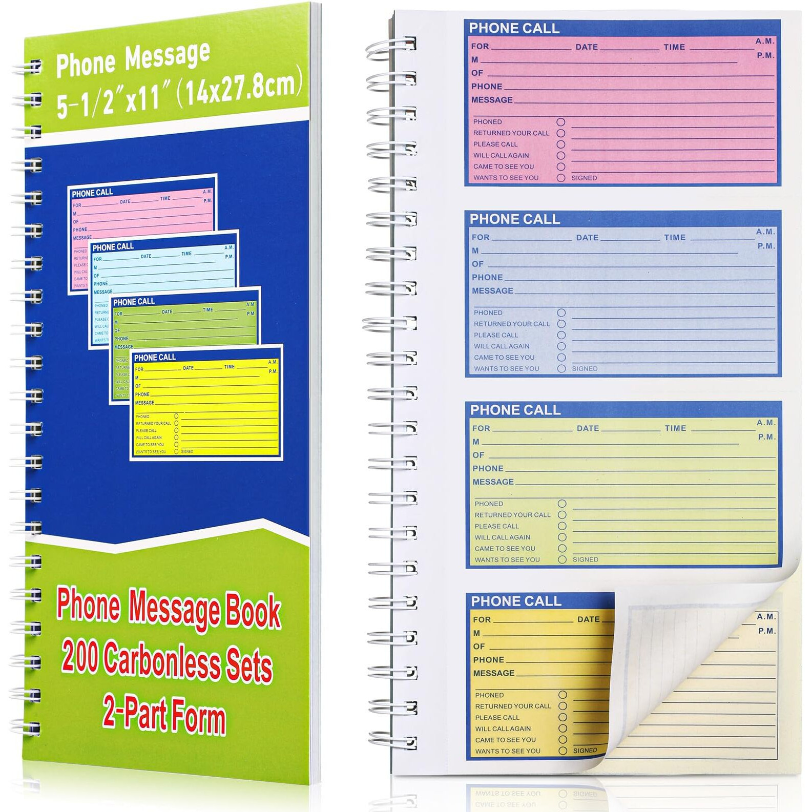 Sinmoe 1 Pcs Spiral Bound Phone Message Book 5-1/2"" X 11"" 2 Part Colorful Carbonless Phone Message Pads Spiral Phone Call Log Book 4 Messages Per Page Carbon Copy Notebook For Office Business