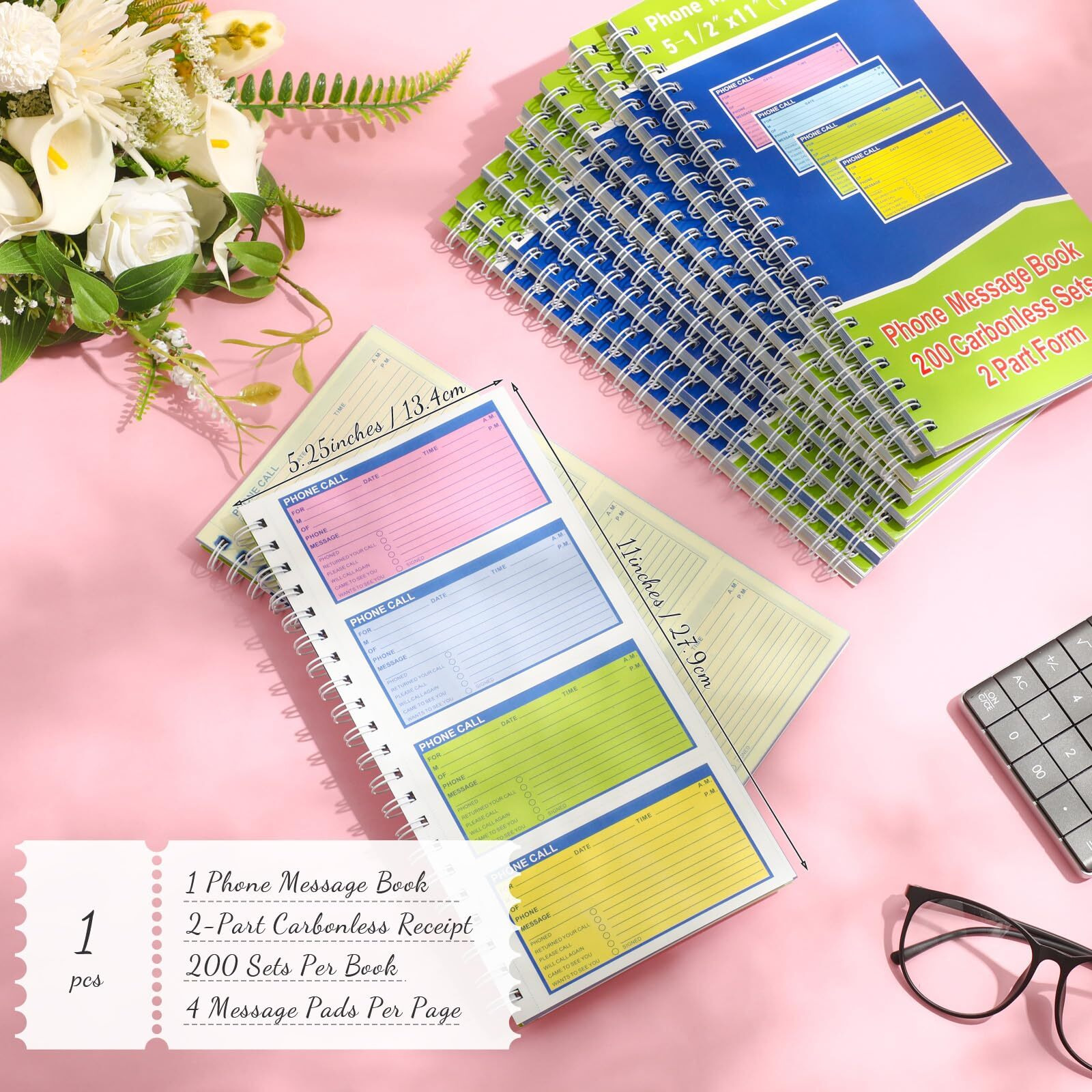 Sinmoe 1 Pcs Spiral Bound Phone Message Book 5-1/2"" X 11"" 2 Part Colorful Carbonless Phone Message Pads Spiral Phone Call Log Book 4 Messages Per Page Carbon Copy Notebook For Office Business