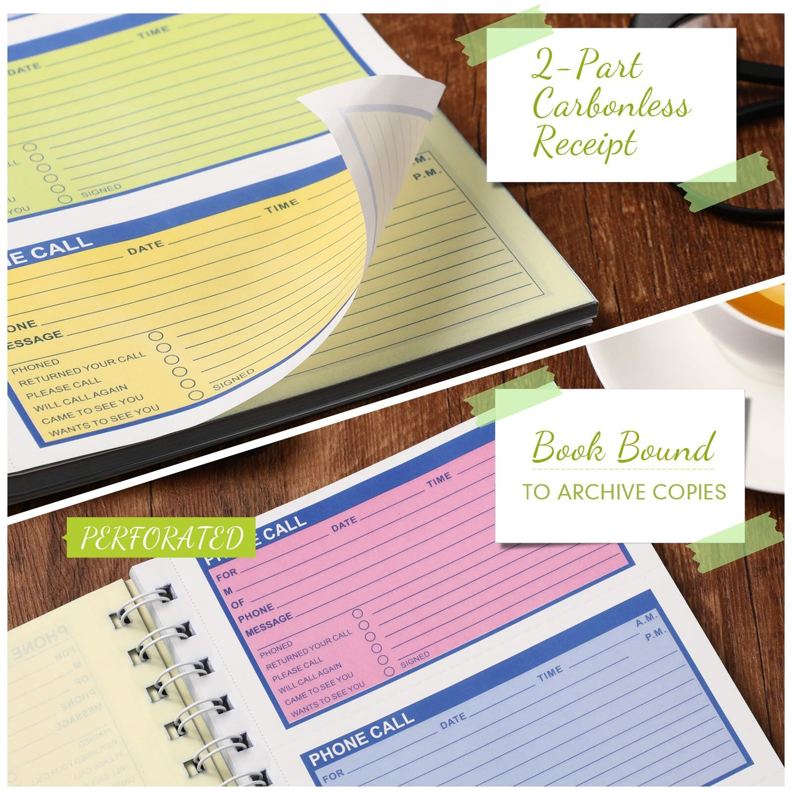 Sinmoe 1 Pcs Spiral Bound Phone Message Book 5-1/2"" X 11"" 2 Part Colorful Carbonless Phone Message Pads Spiral Phone Call Log Book 4 Messages Per Page Carbon Copy Notebook For Office Business