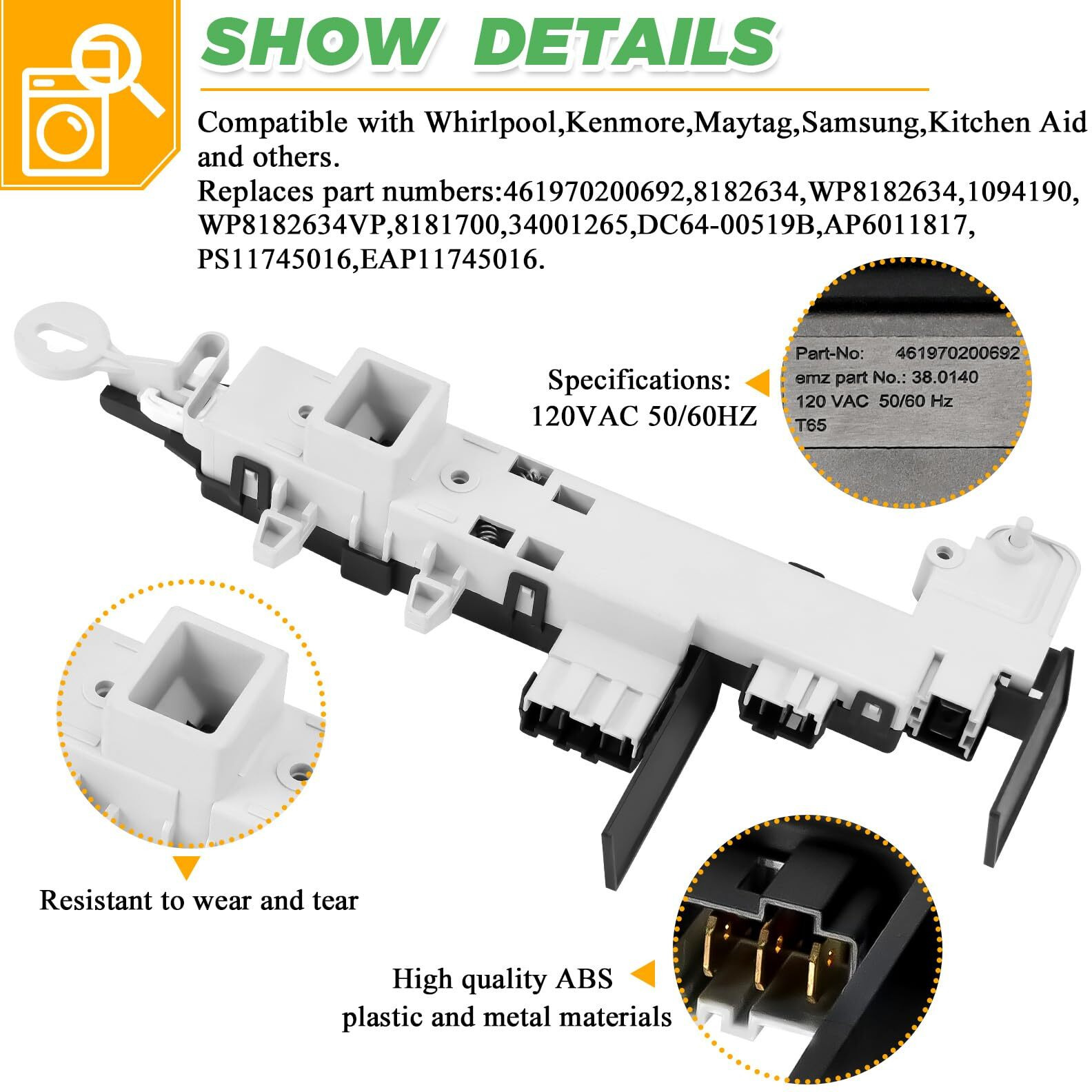 461970200692 Wp8182634 Washer Door Lock Switch By Techecook Replacement For Kenmore Samsung Whirlpool Front Load Washer Door Lock Assembly Oem 461970200692 8181700 Dc64-00519B - 2 Years Warranty