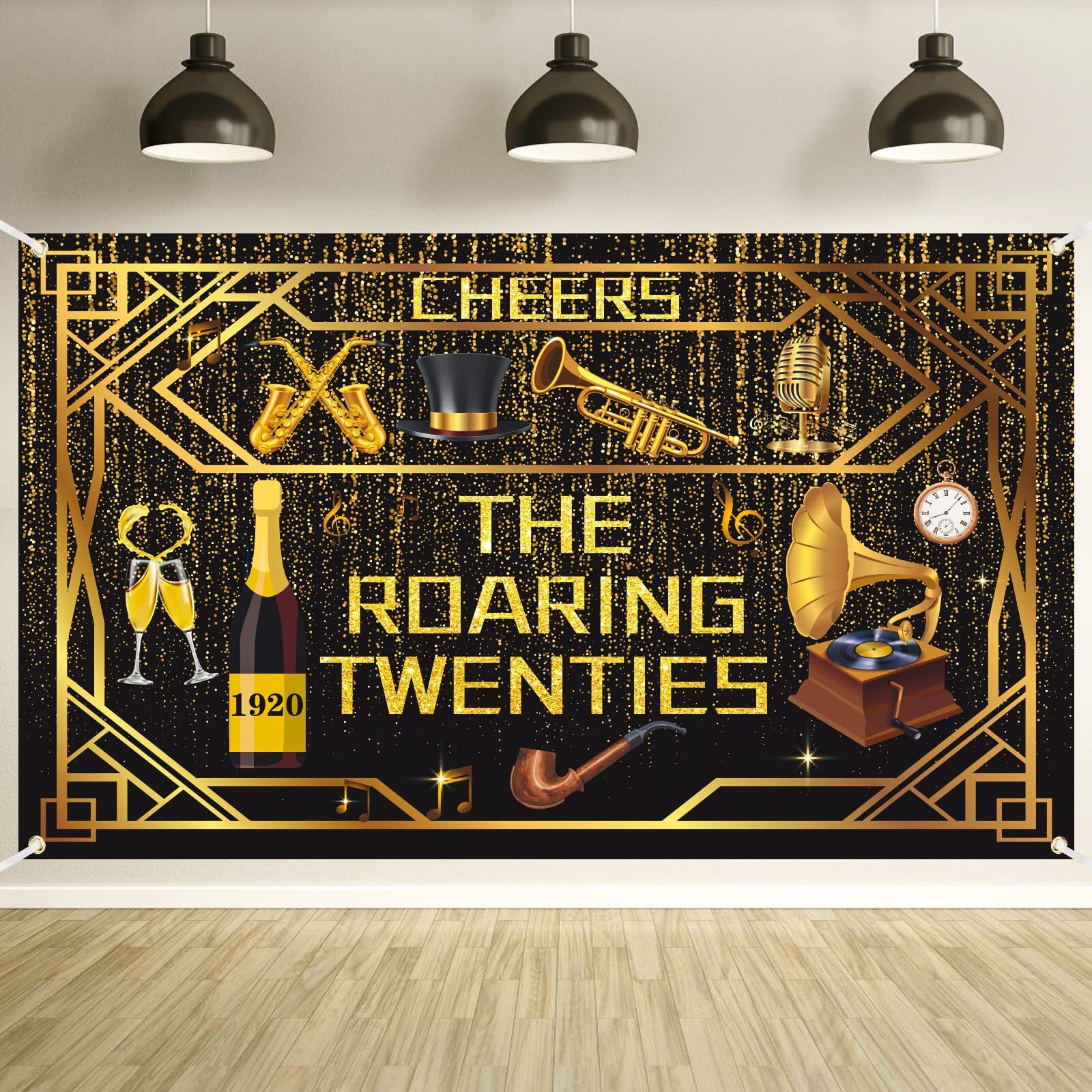 Roaring 20S Party Decorations Banner Roaring 1920's Banner Black And Gold Birthday Vintage Music Themed Speakeasy Decor Backdrop Banner For 1920S Birthday Wedding Retro Jazz Party Supplies
