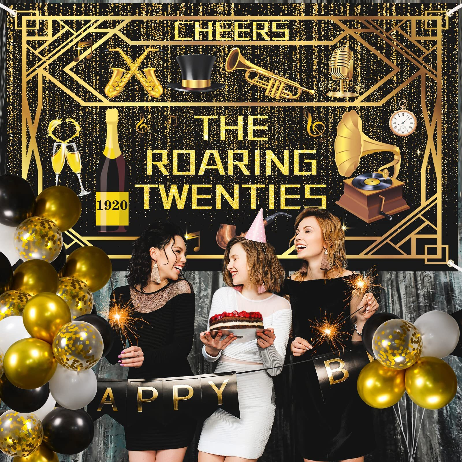 Roaring 20S Party Decorations Banner Roaring 1920's Banner Black And Gold Birthday Vintage Music Themed Speakeasy Decor Backdrop Banner For 1920S Birthday Wedding Retro Jazz Party Supplies