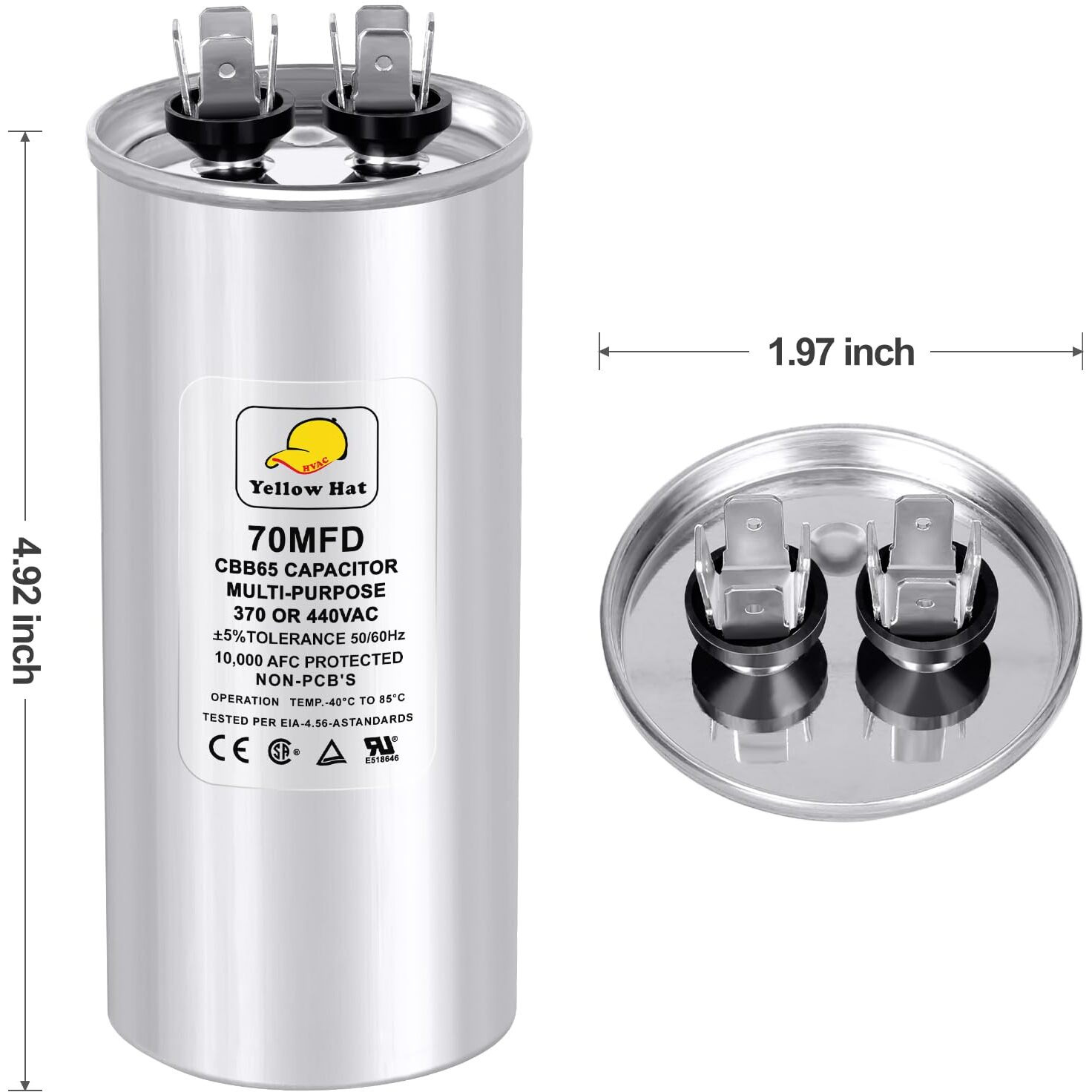 Capacitor For Air Conditioner 70 Uf Mfd 370 Or 440 Volt Vac  Multi-Purpose Round Capacitor For Ac Motor Run Or Fan Motor Start Or Condenser Straight