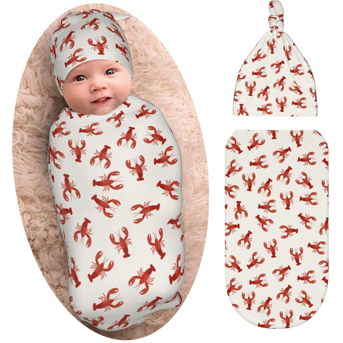 Red Lobsters Crawfish Baby Stuff Swaddle Blanket With Beanie Set  Soft And Stretchy Newborn Blanket Swaddle Sack For Boy And Girl