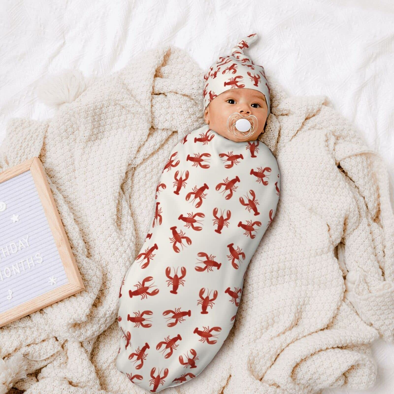 Red Lobsters Crawfish Baby Stuff Swaddle Blanket With Beanie Set  Soft And Stretchy Newborn Blanket Swaddle Sack For Boy And Girl