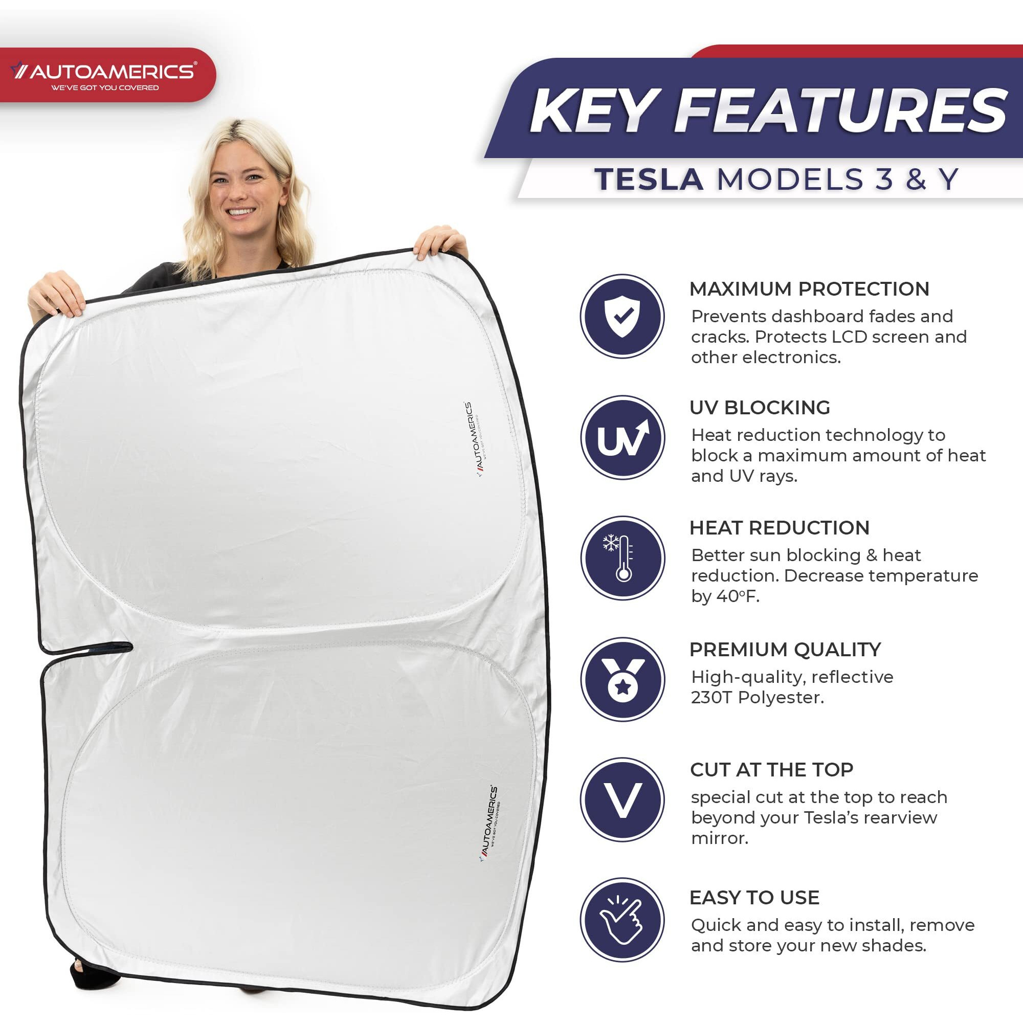Autoamerics 1-Piece Tesla Model Y Sunshade & Tesla Model 3 Sunshade - Special Design For Model Y & 3 Windshield - Foldable Lightweight M3 Sun Shield - 2023 Tesla Model Y/3 Accessories