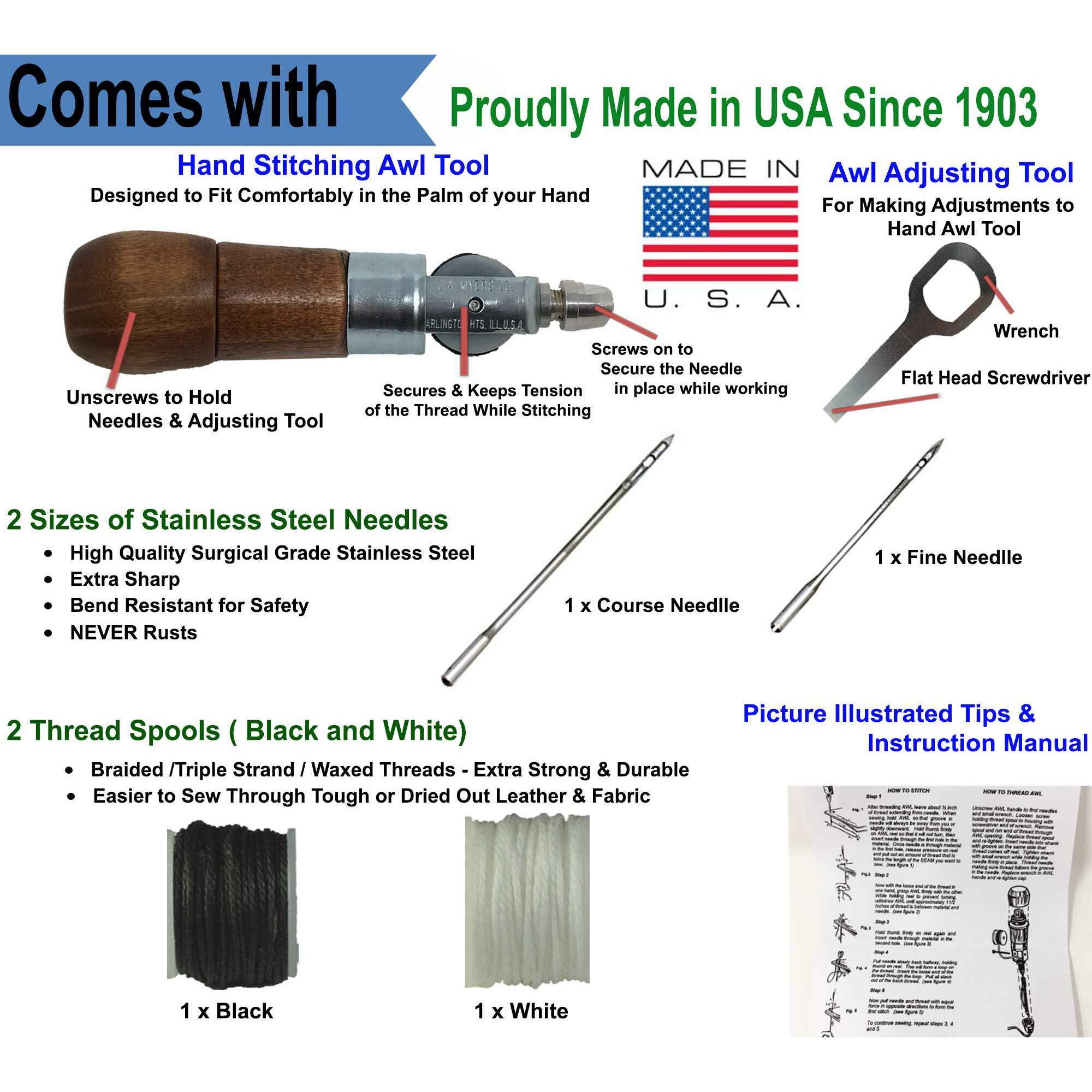 Repair Stitch Tool | Made In Usa | Sewing Awl For Bounce Houses  Inflatables  Leather  Thick Fabric  Shoes  Bags  Belt  Upholstery Repair Kit & Crafts Leather  Tarp Stitching. Professional Heavy Duty